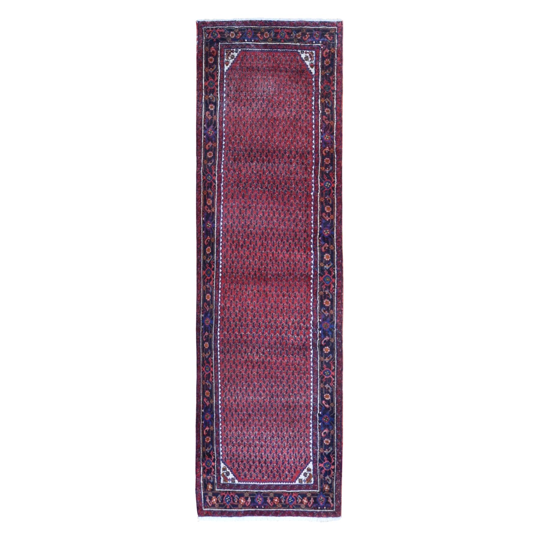 Full Pile Vintage Persian Senneh Wool Runner Denser Weave Red Hand Knotted Rug For Sale