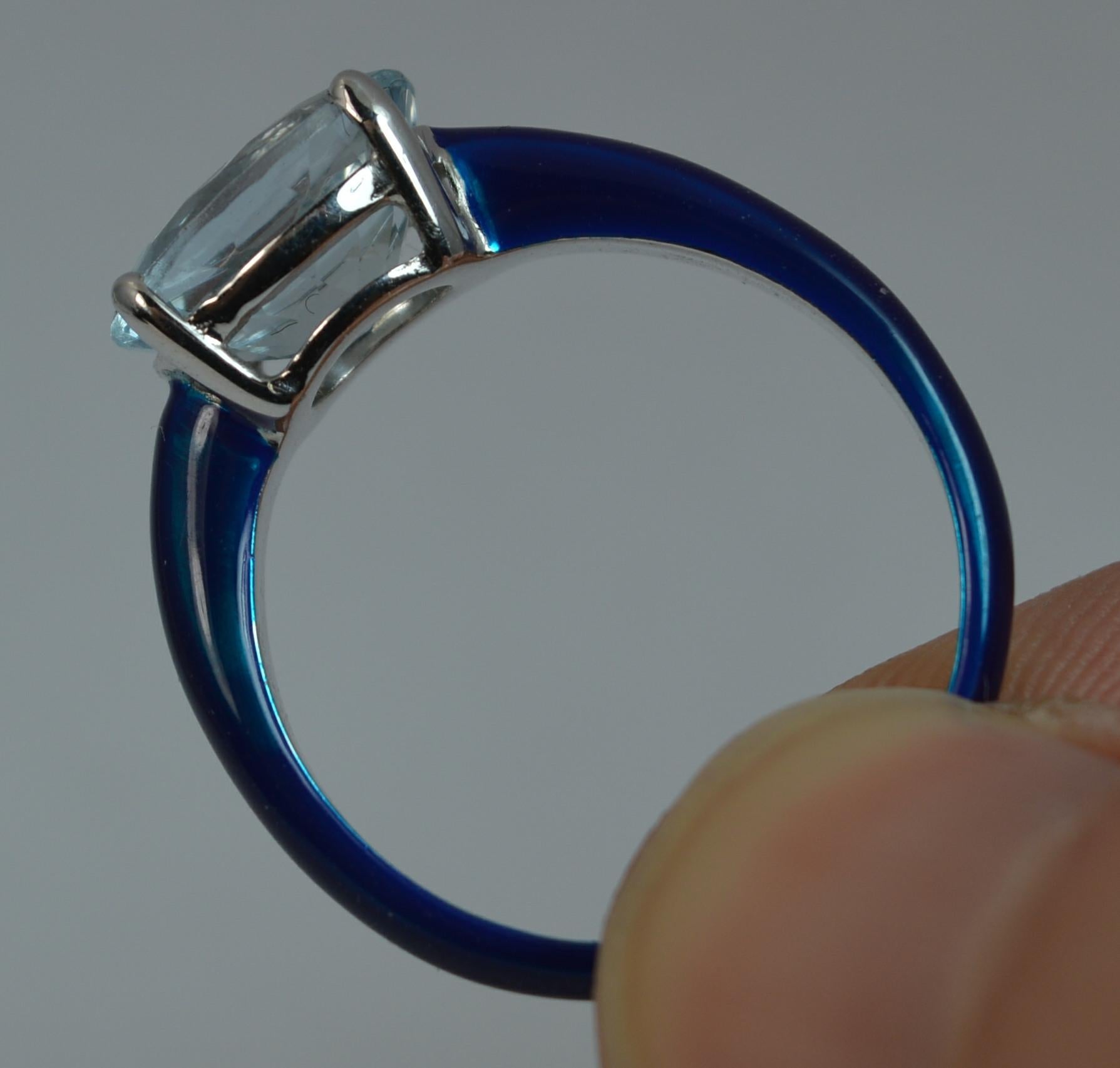 Oval Cut Full Royal Blue Enamel and Aquamarine Solitaire Ring