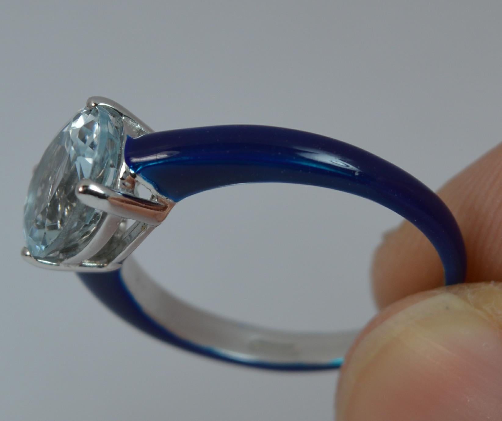 Full Royal Blue Enamel and Aquamarine Solitaire Ring In Excellent Condition In St Helens, GB