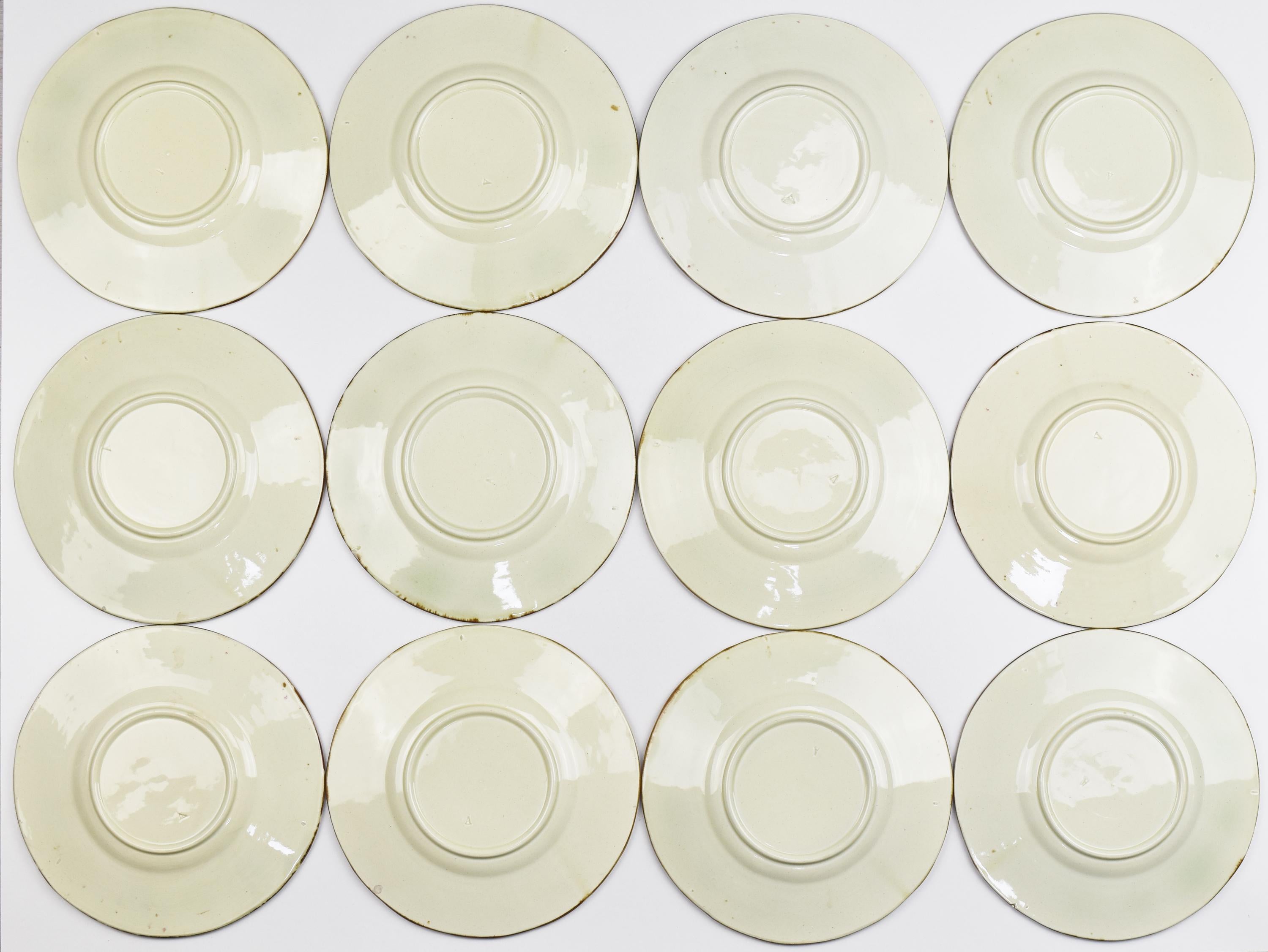 Ceramic Full Set of 12 Side Dishes Dessert Plates Majolica Art Nouveau by Sarreguemines For Sale