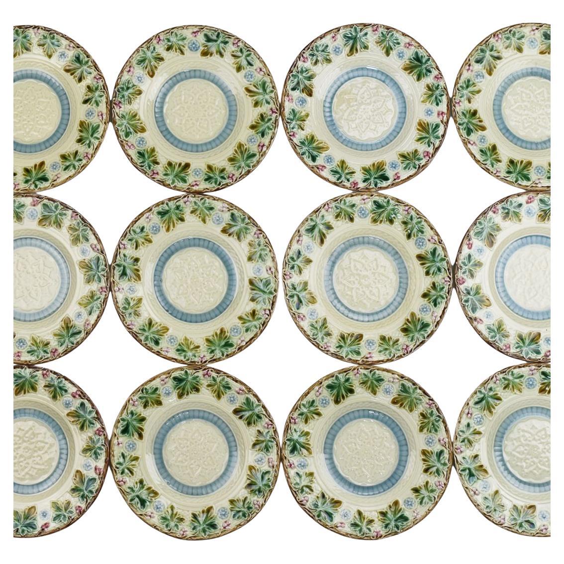 Full Set of 12 Side Dishes Dessert Plates Majolica Art Nouveau by Sarreguemines For Sale