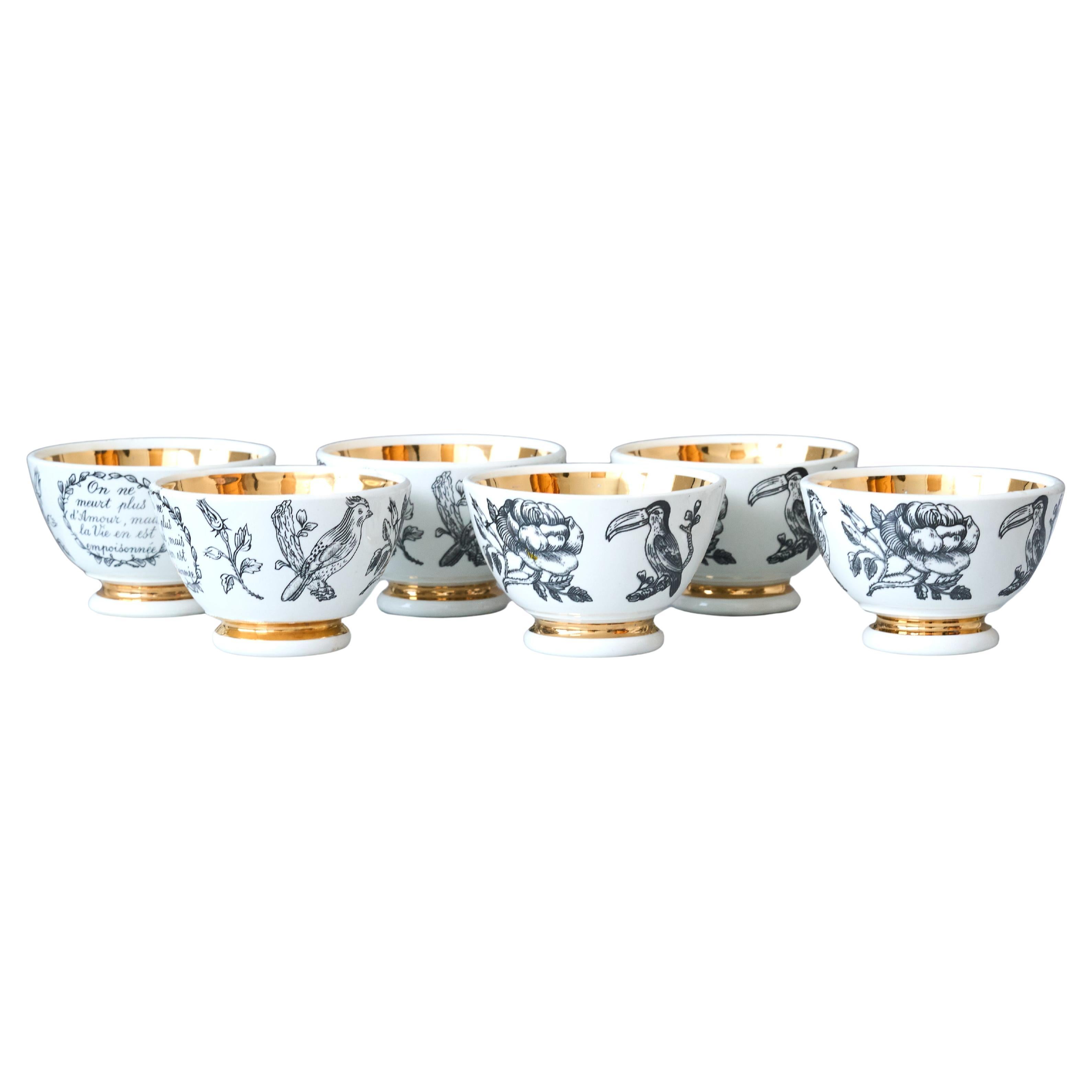 Full Set of 6 Vintage Piero Fornasetti Ceramic Gilded Small Bowls, Italy 1950s.