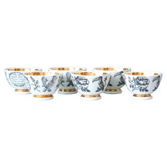 Full Set of 6 Vintage Piero Fornasetti Ceramic Gilded Small Bowls, Italy 1950s.