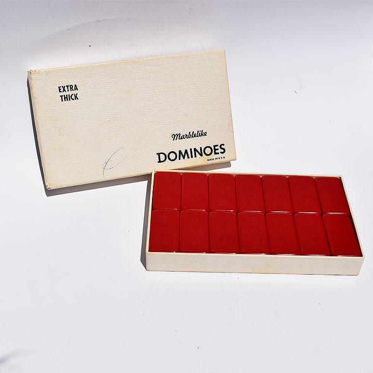 Mid-Century Modern Full Set of Midcentury Red and White Vintage Dominoes in Original Packaging