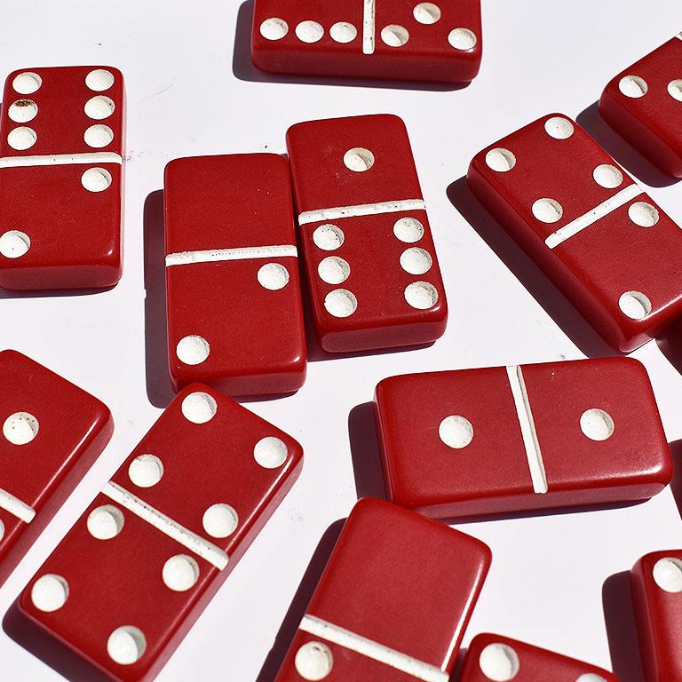 American Full Set of Midcentury Red and White Vintage Dominoes in Original Packaging