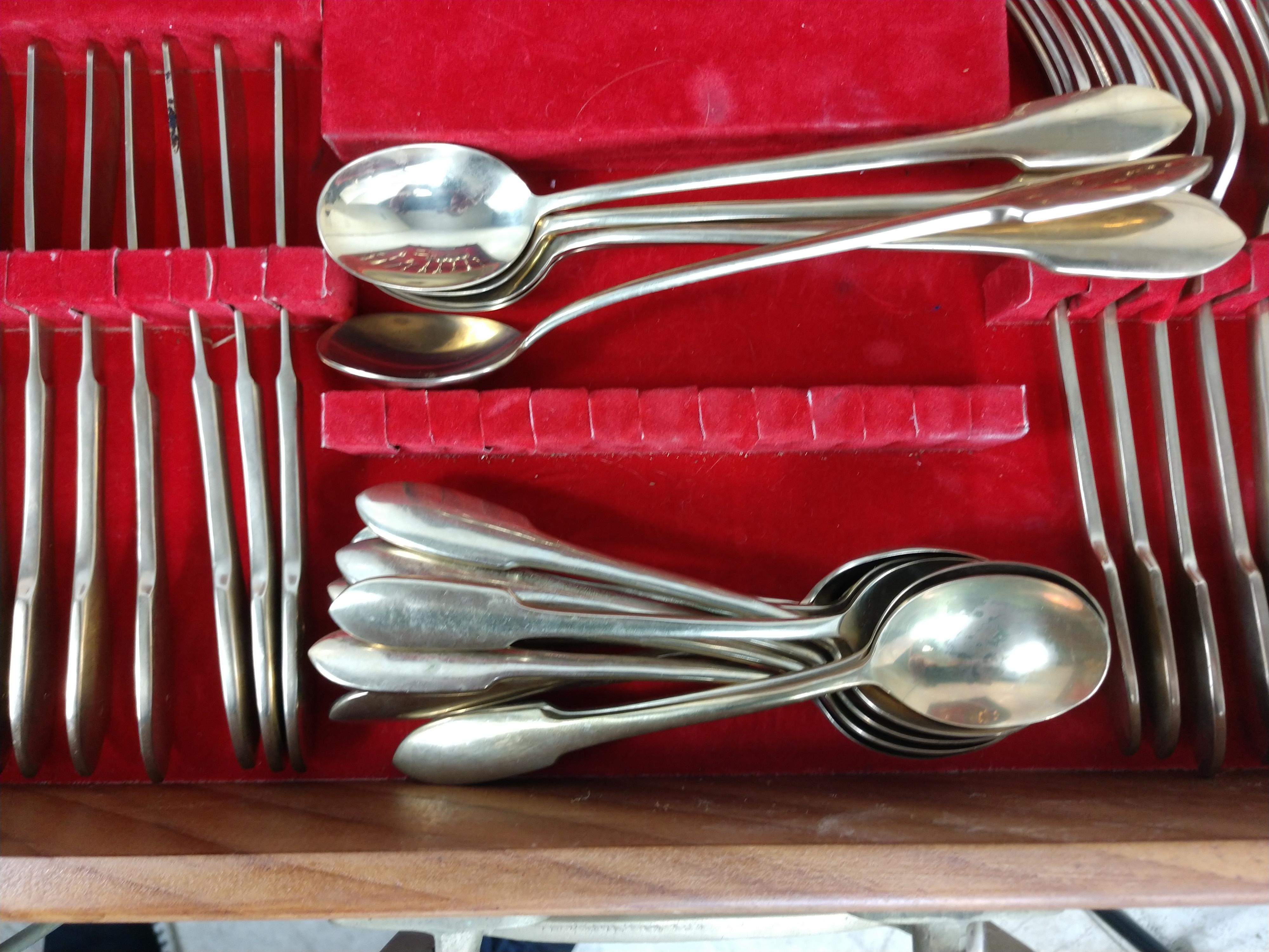 Late 20th Century Full Set of Nickel Bronze Mid Century Modern Flatware 153pcs, Boxed For Sale