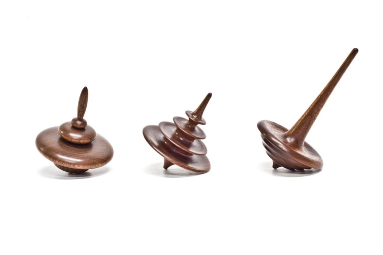 Set of 3 Small Elemental Spinning Tops in Oiled Walnut by Alvaro Uribe