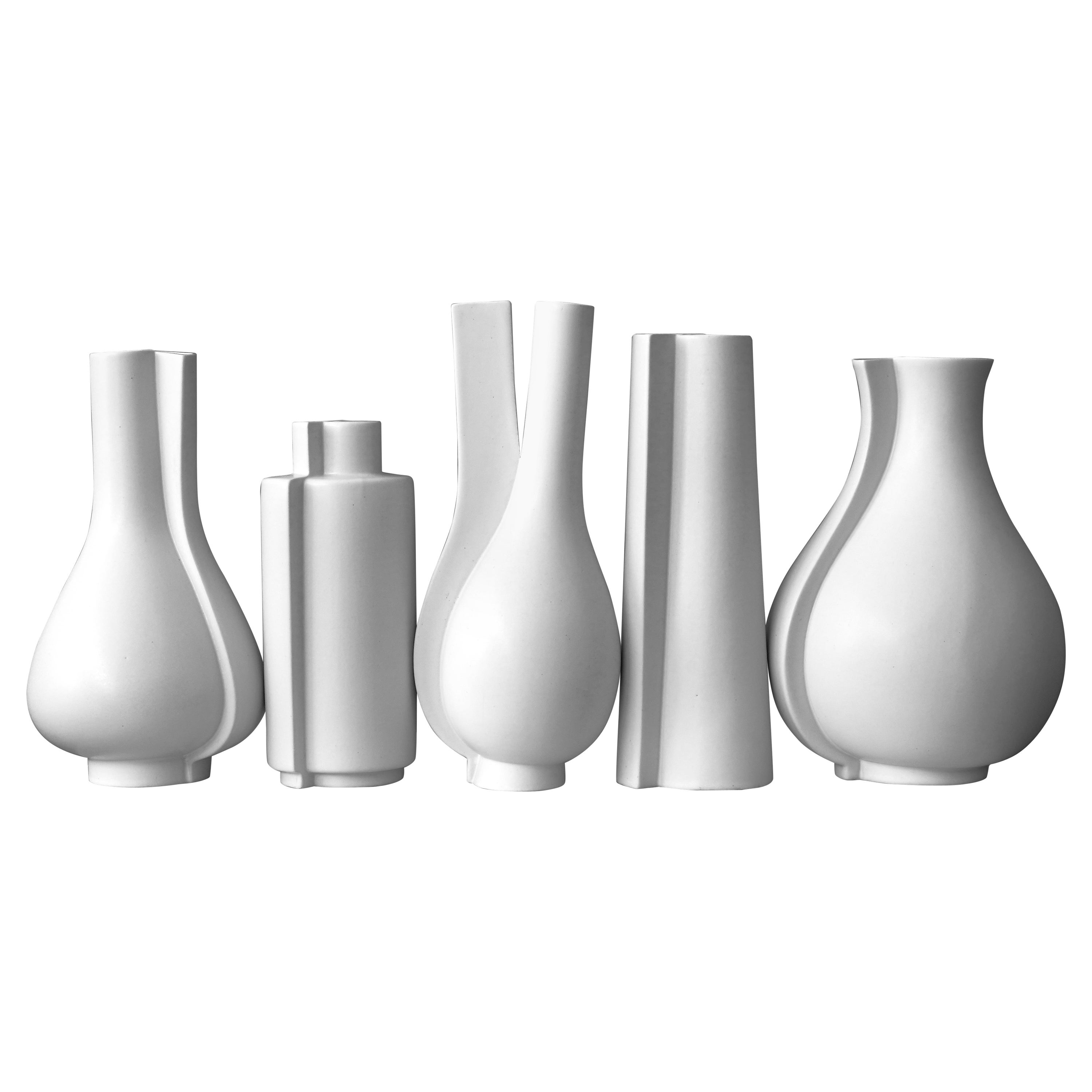 Full Set of White 'Surrea' Vases by Wilhelm Kage for Gustavsberg, Sweden, 1940s