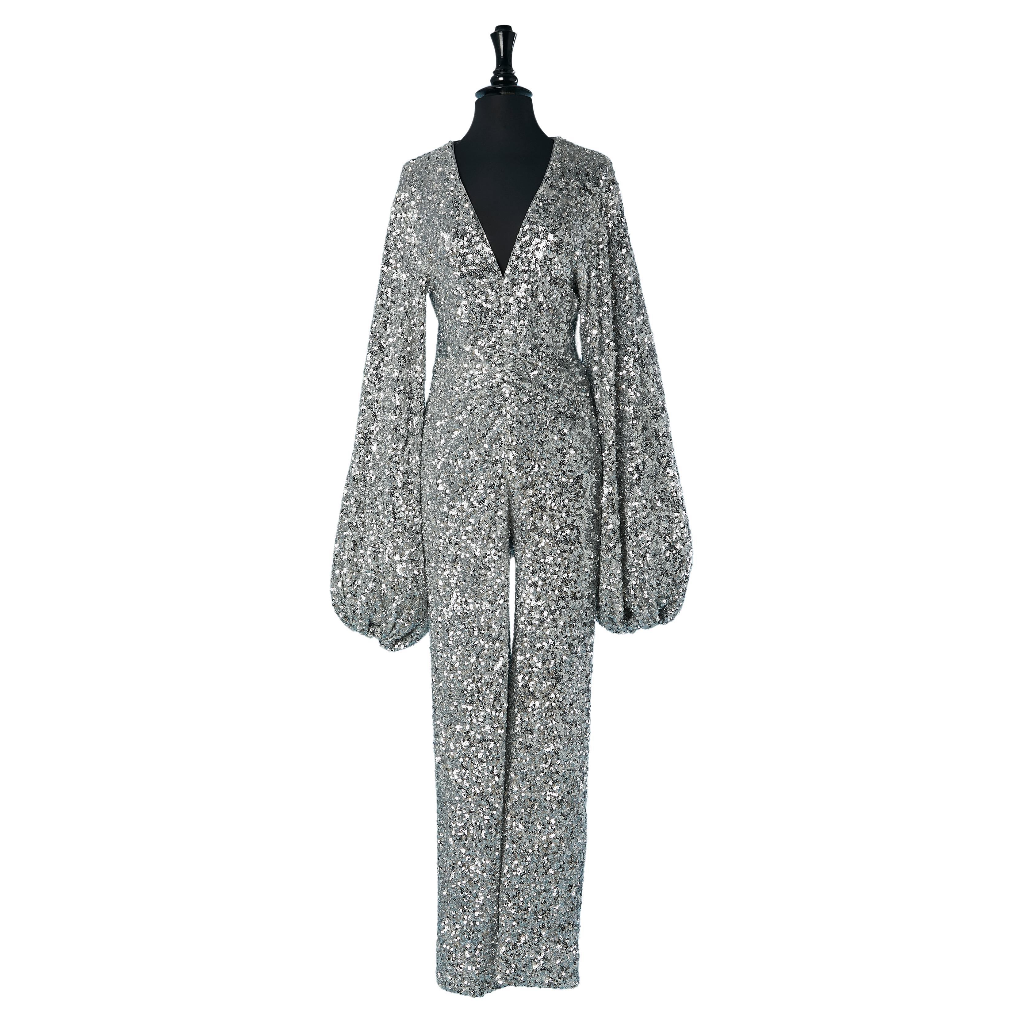 Full silver sequin jumpsuit with balloon sleeves ROTATE