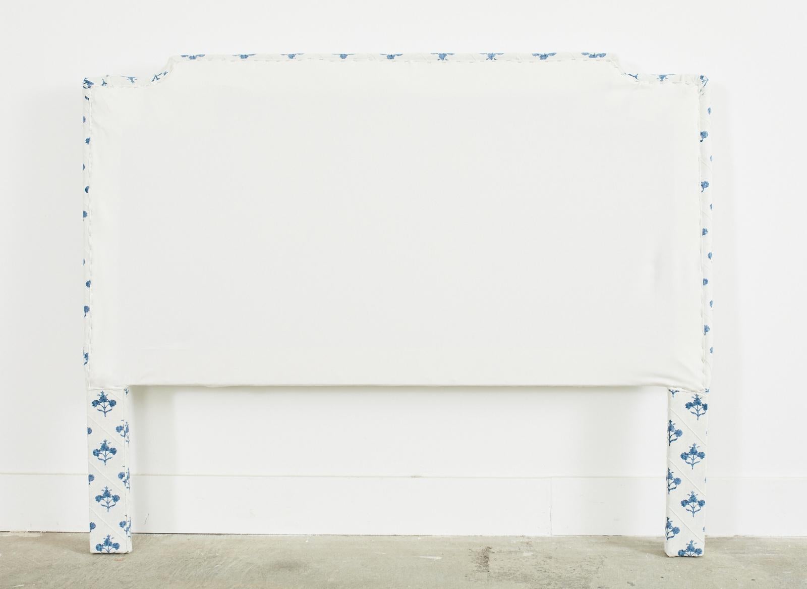 Full Size Blue and White Fabric Upholstered Headboard For Sale 5