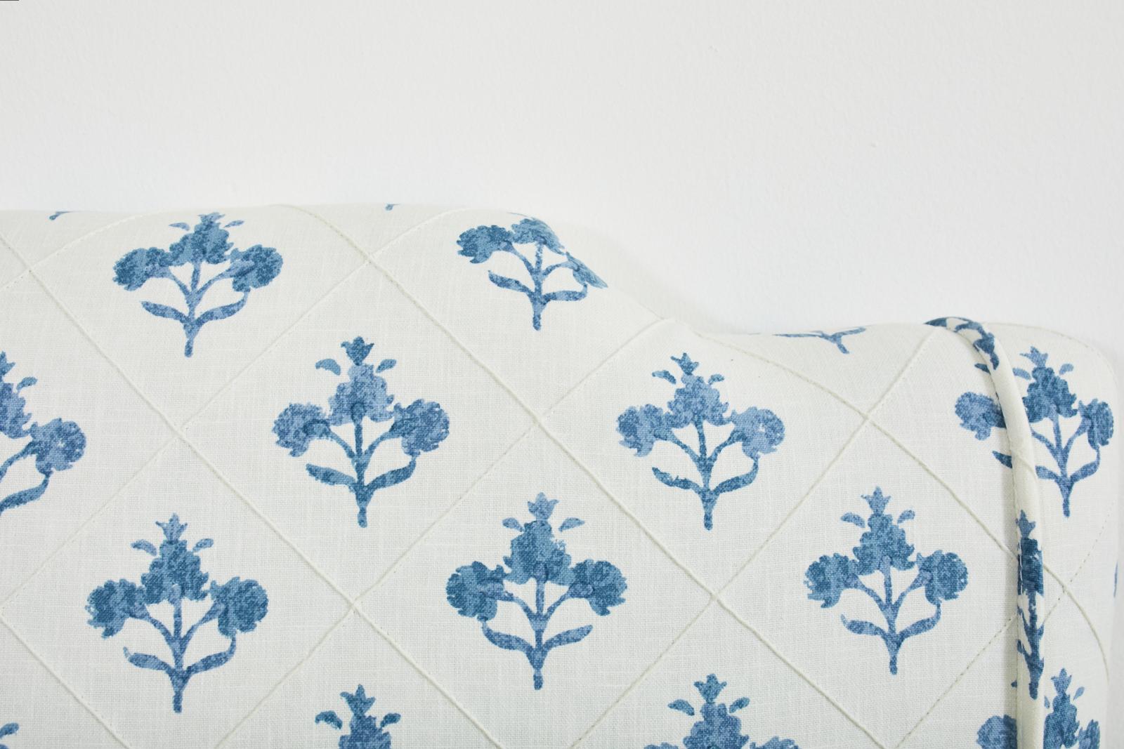 Full Size Blue and White Fabric Upholstered Headboard For Sale 2