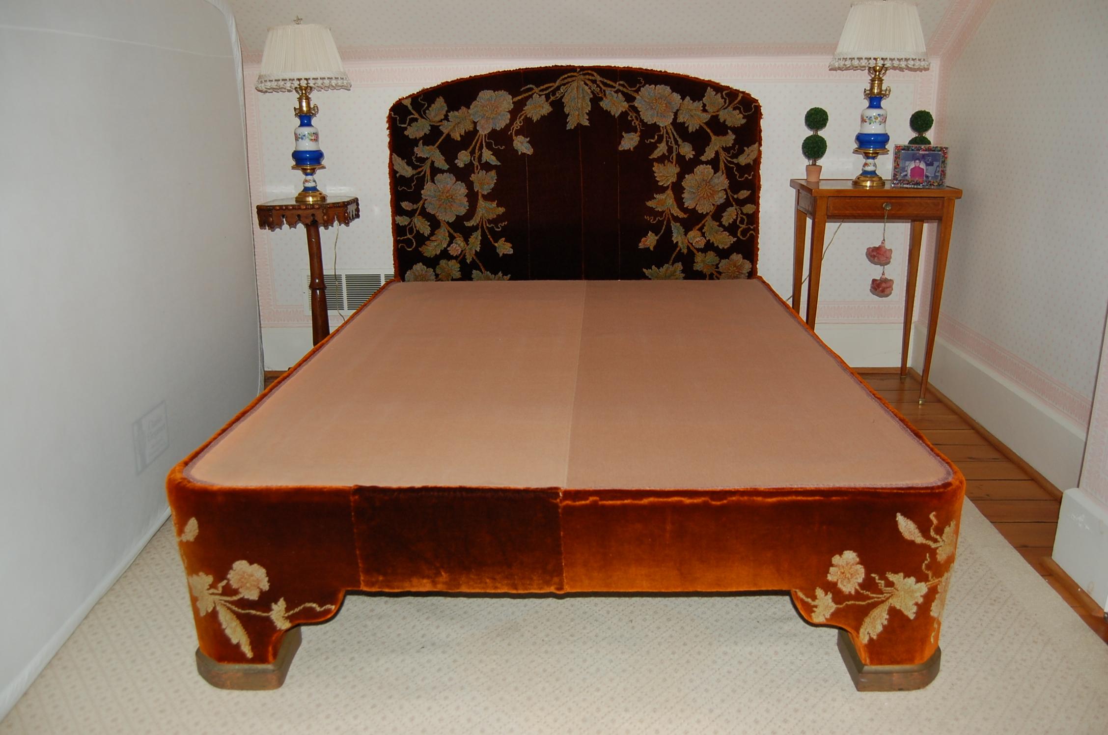 Victorian Full Size Custom Made Bed Covered in Antique Embroidered Velvet Panels