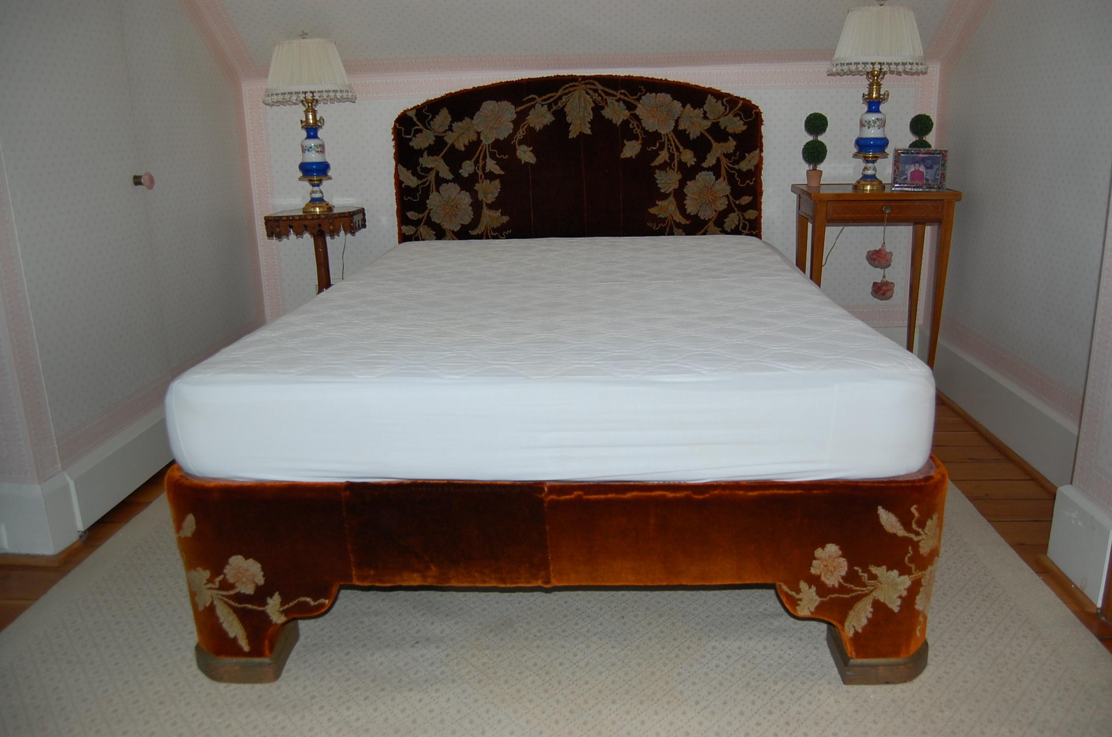 European Full Size Custom Made Bed Covered in Antique Embroidered Velvet Panels