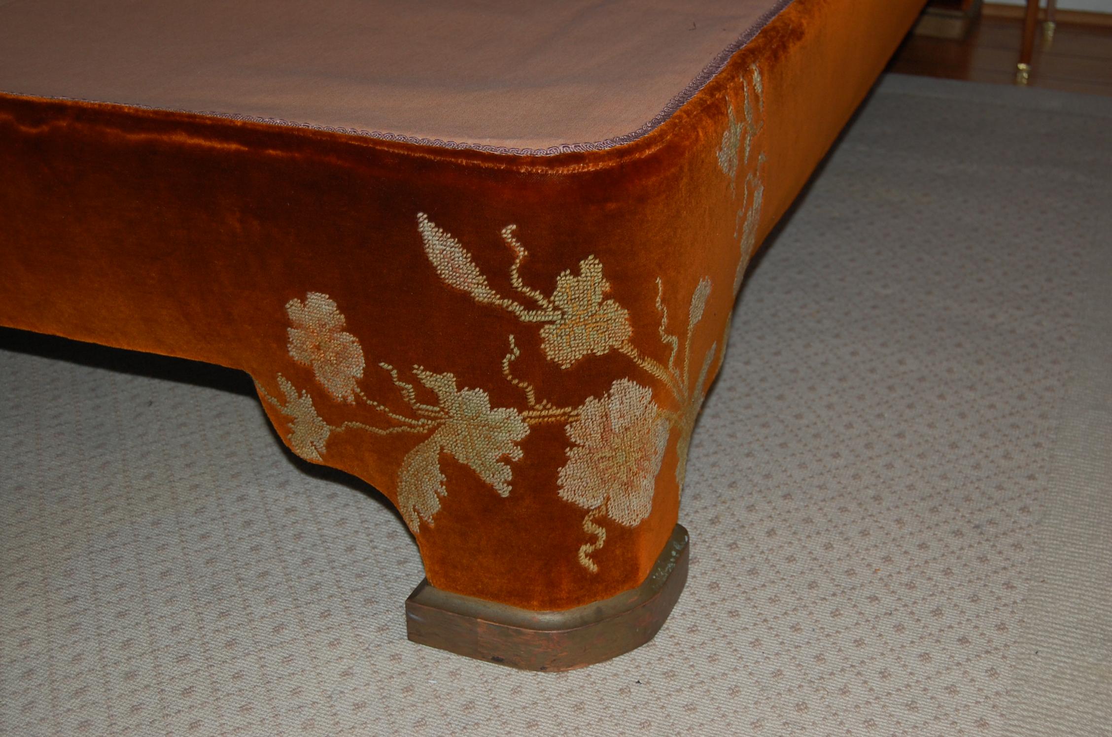 Fabric Full Size Custom Made Bed Covered in Antique Embroidered Velvet Panels