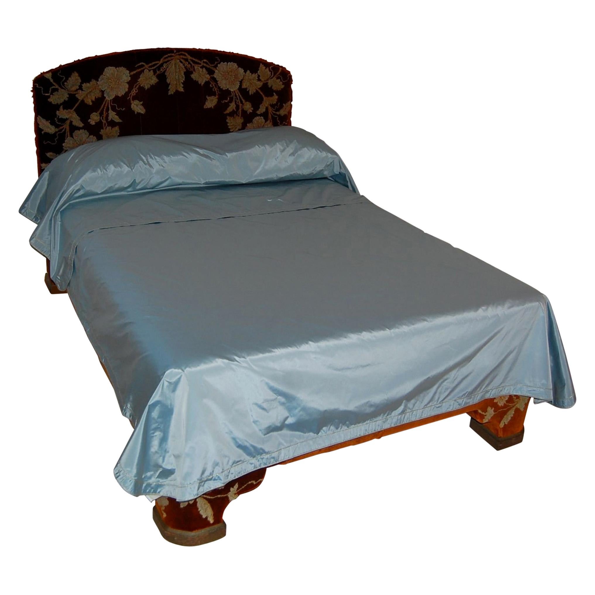 Full Size Custom Made Bed Covered in Antique Embroidered Velvet Panels