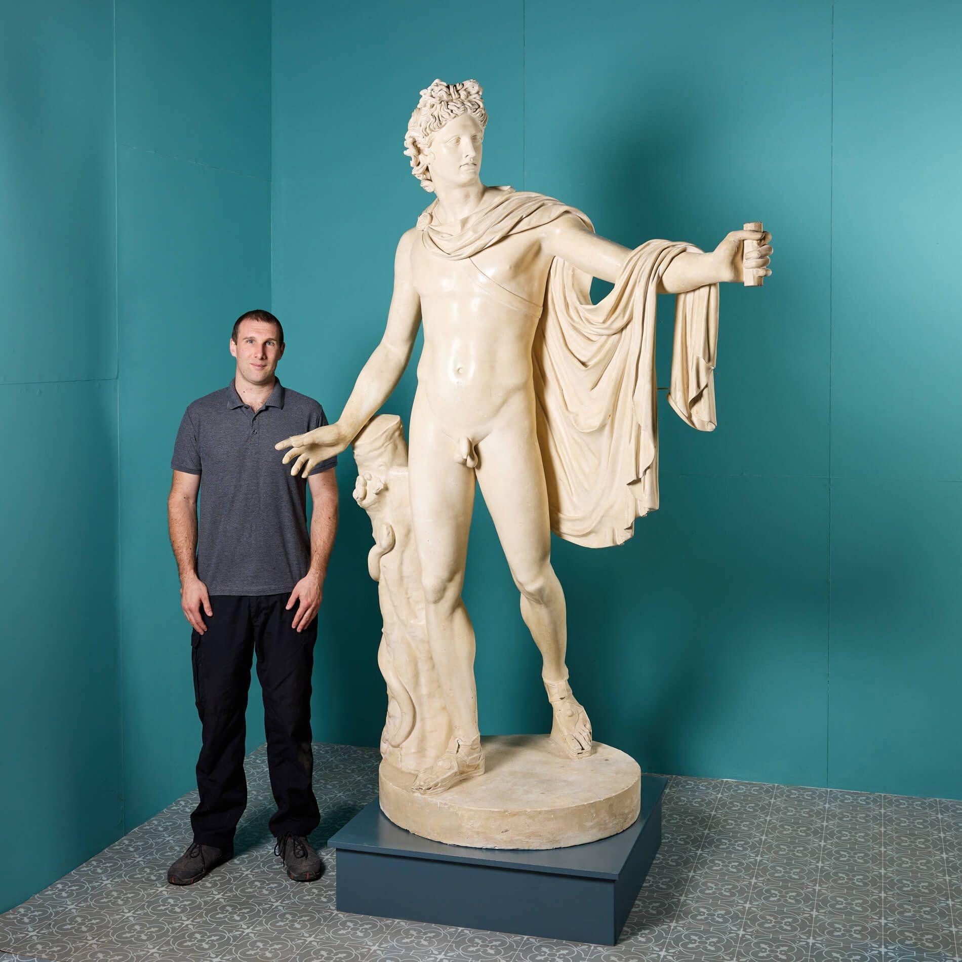 This impressive statue is a full-scale plaster cast of ‘The Apollo Belvedere’ made by the Louvre Museum workshops in the late 19th century. Detailed with a medallion to the base that reads ‘Musee Du Louvre’, the cast is taken from a reproduction of