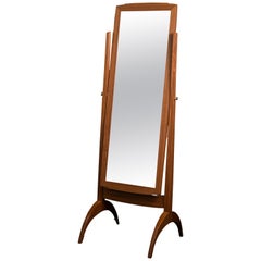 Antique Full-Size Tilting Cheval Mirror in Jatoba and Fabric with Brass Knobs