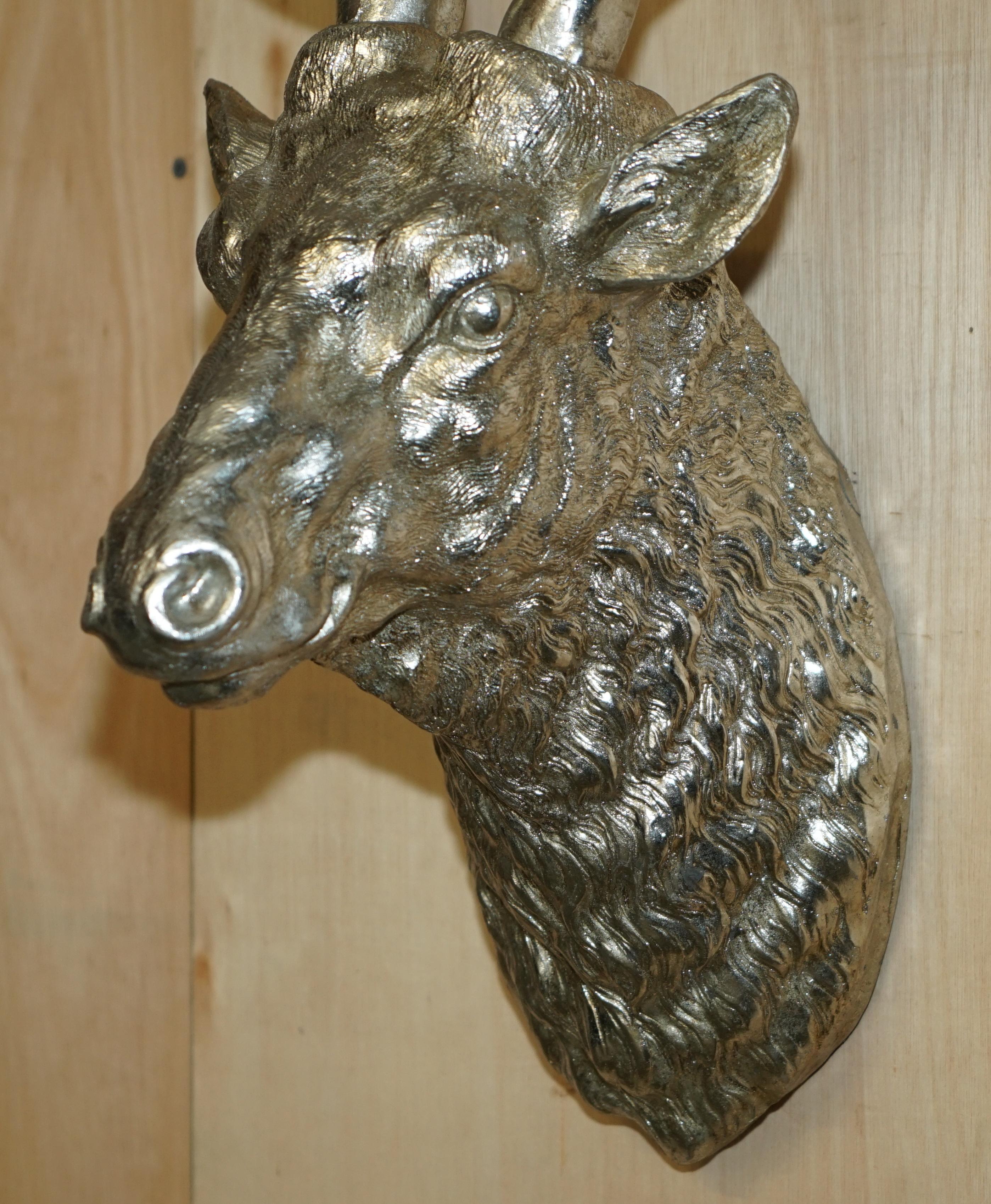 FULL SIZED SILVERED DEER STAG HEAD WiTH REMOVABLE ANTLERS DECORATIVE FOIL FINISH For Sale 5