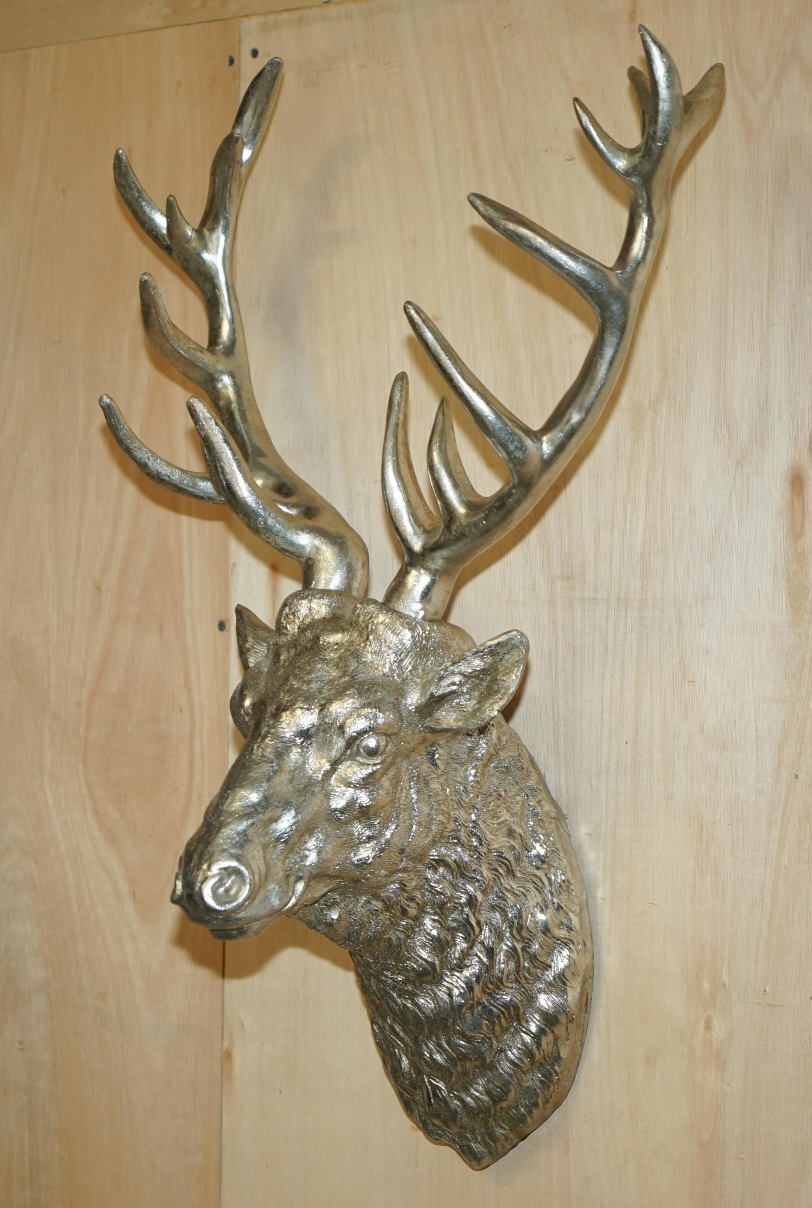 FULL SIZED SILVERED DEER STAG HEAD WiTH REMOVABLE ANTLERS DECORATIVE FOIL FINISH For Sale 9