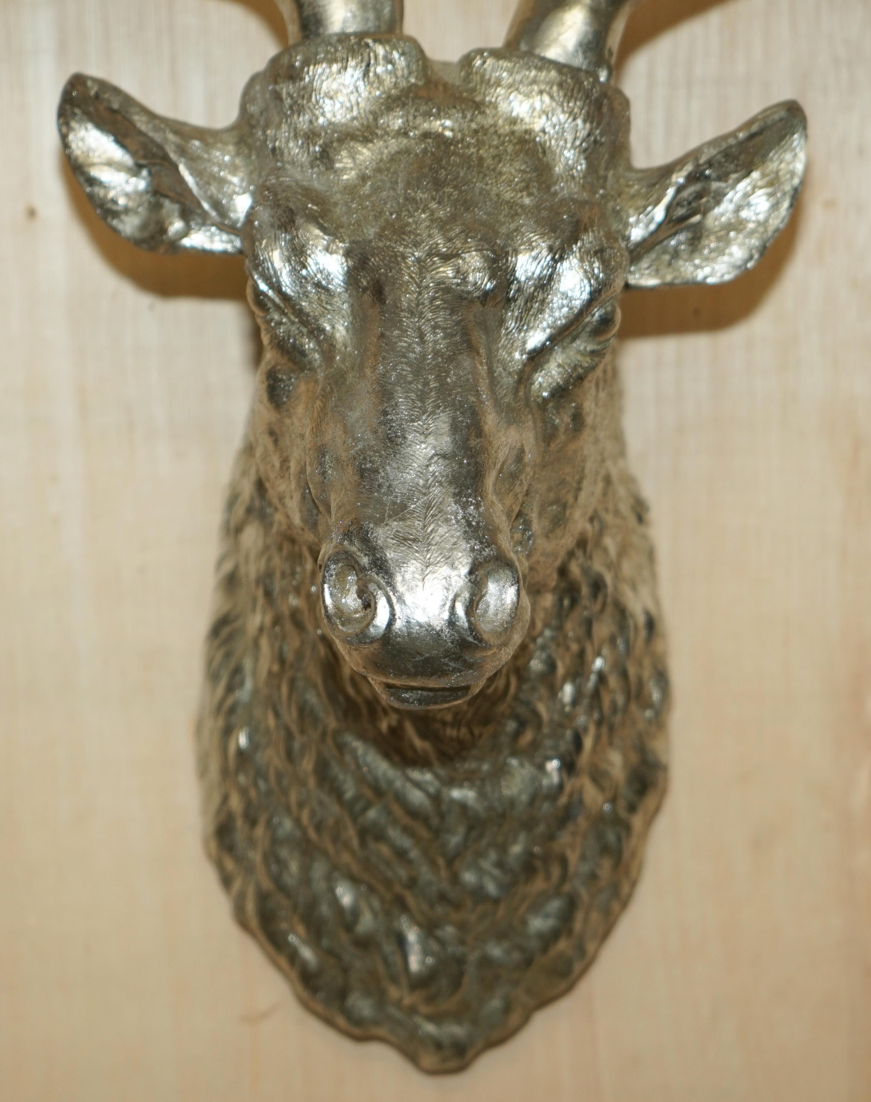 Metal FULL SIZED SILVERED DEER STAG HEAD WiTH REMOVABLE ANTLERS DECORATIVE FOIL FINISH For Sale