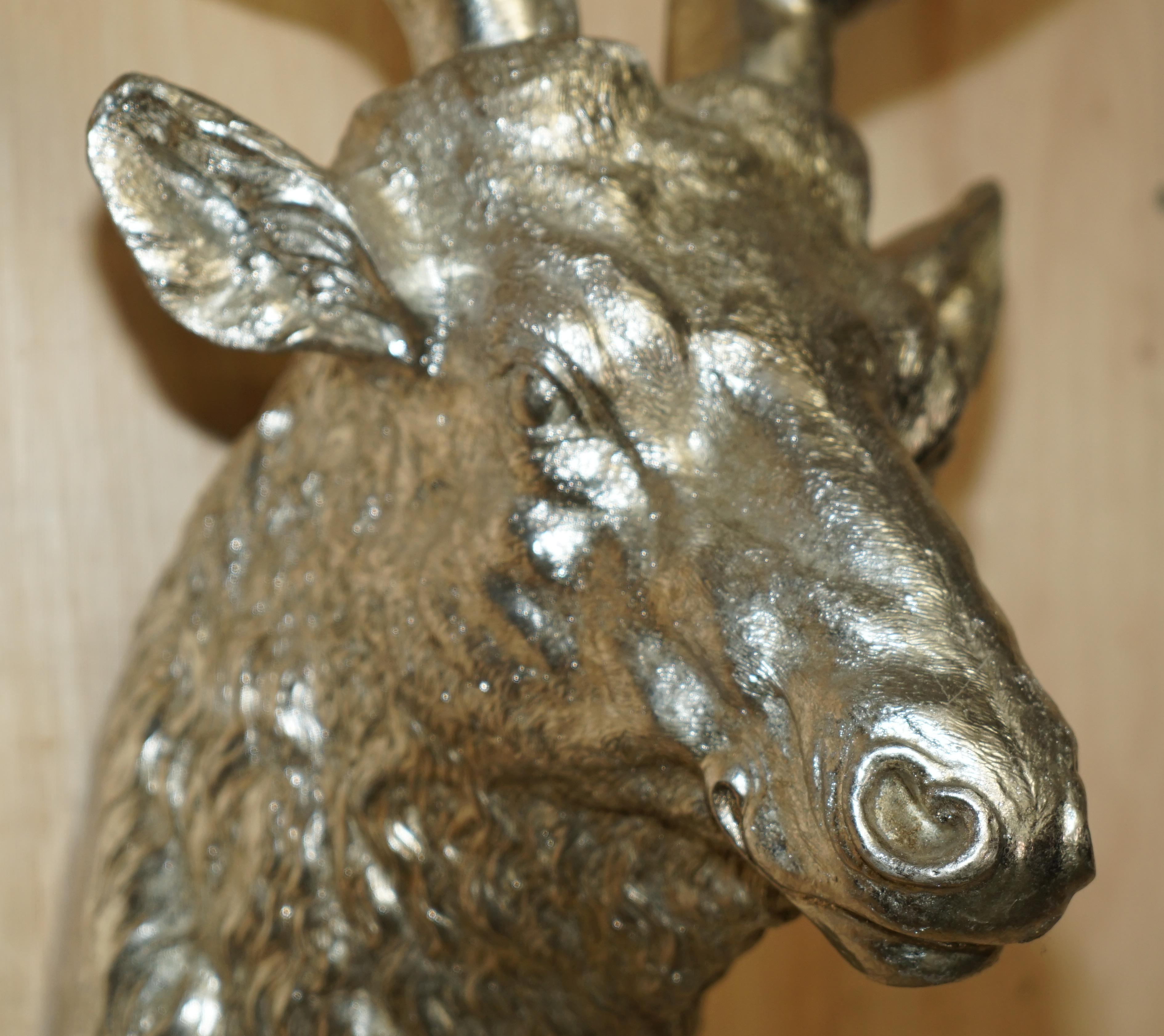 FULL SIZED SILVERED DEER STAG HEAD WiTH REMOVABLE ANTLERS DECORATIVE FOIL FINISH For Sale 1