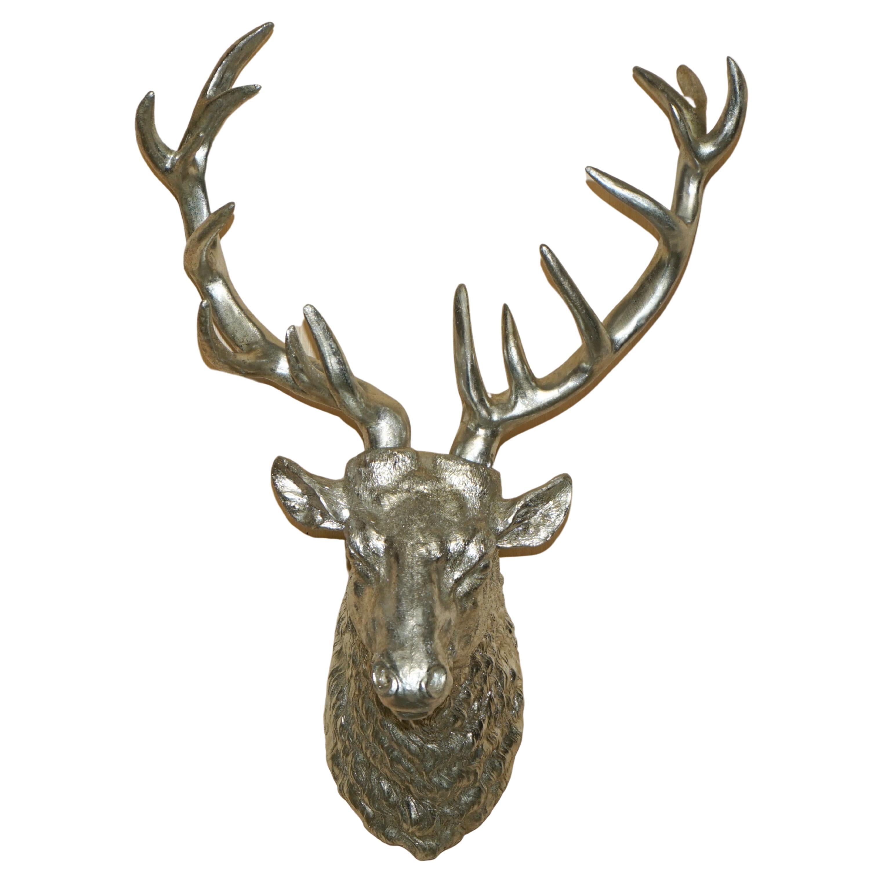 FULL SIZED SILVERED DEER STAG HEAD WiTH REMOVABLE ANTLERS DECORATIVE FOIL FINISH