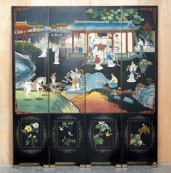 FULL SIZED ViNTAGE CHINESE EXPORT BLACK LACQUERED FOLDING SCREEN ROOM DIVIDER