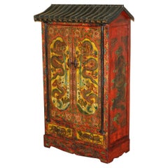 FULL SIZED Vintage CHINESE RED DRAGONS PAINTED PAGODA TOP WARDROBE WITH DRAWERS