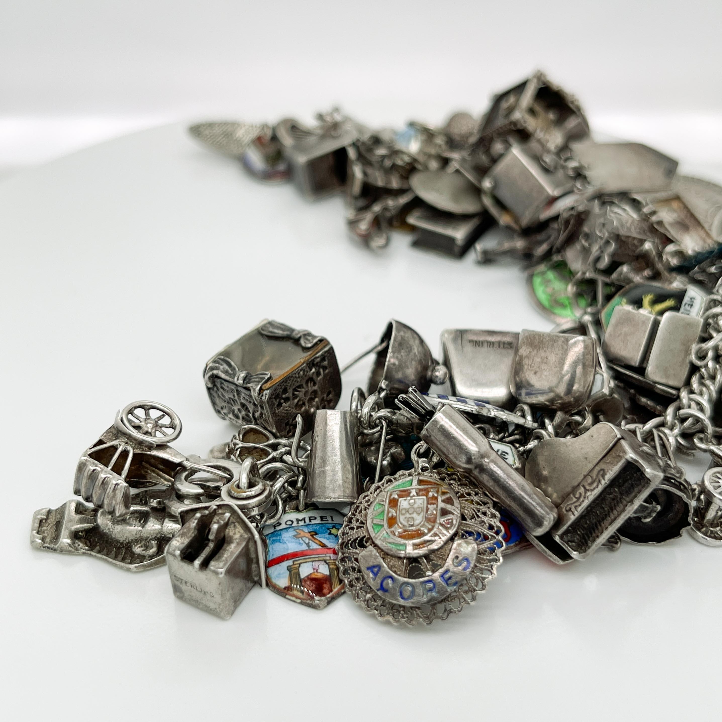 Full Vintage Sterling Silver Estate Charm Bracelet with 70+ Charms In Good Condition In Philadelphia, PA