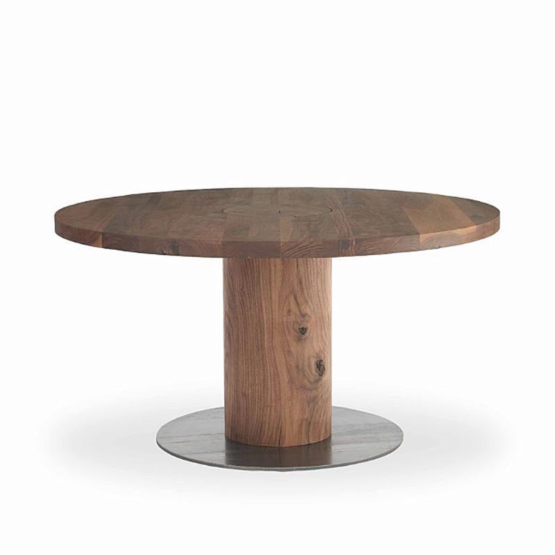 Round or Square Table or Coffee Table Full Wood in 
solid walnut wood with leg joining visible from the surface 
of the top. Top is 5cm thickness. On iron base with oiled finish. 
Wood treatment with natural wax of vegetable origin 
with pine