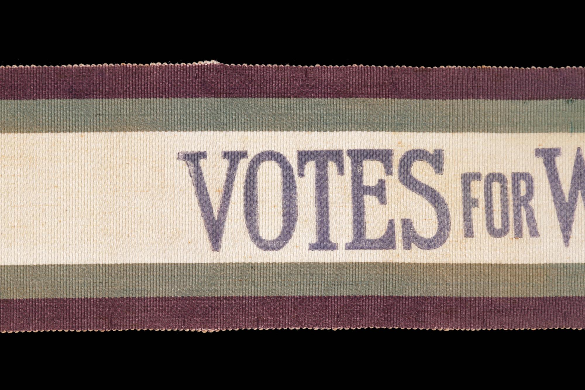 Full, wrap-around, silk suffragette sash in violet & green, with 