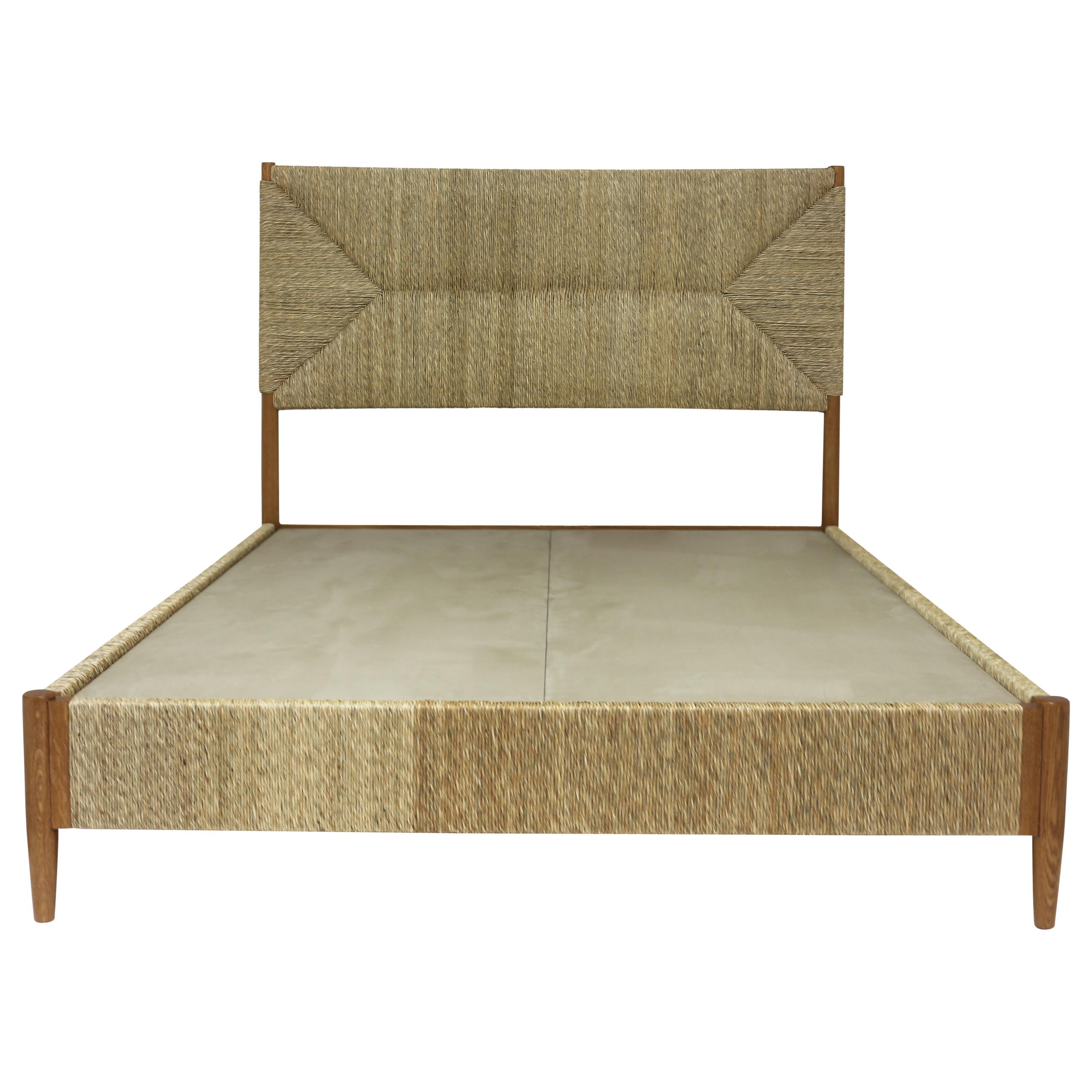 Full Size Bed with Rush Wrapped Headboard Sidetrails and Footrail in Natural Oak For Sale
