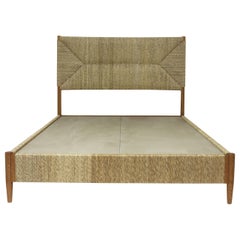 Full Size Bed with Rush Wrapped Headboard Sidetrails and Footrail in Natural Oak