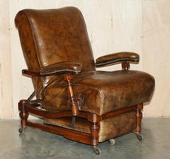 FULLY ADJUSTABLE RESTORED ANTIQUE VICTORiAN BROWN LEATHER METAMORPHIC ARMCHAIR