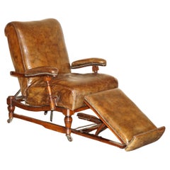 FULLY ADJUSTABLE RESTORED ANTIQUE VICTORiAN BROWN LEATHER METAMORPHIC ARMCHAIR