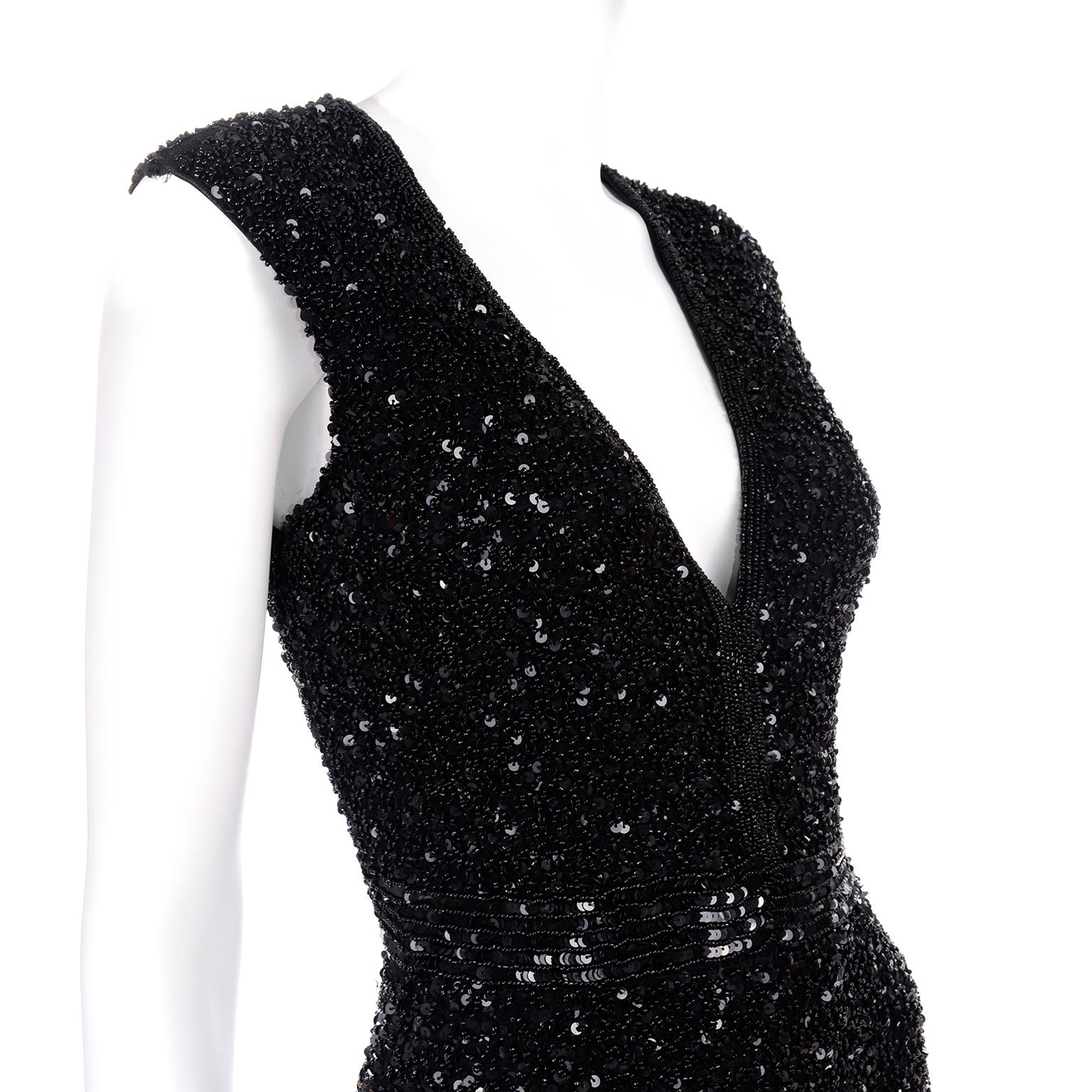 Fully Beaded Vintage Black Evening Dress Alternative Jumpsuit w Beads & Sequins In Excellent Condition In Portland, OR