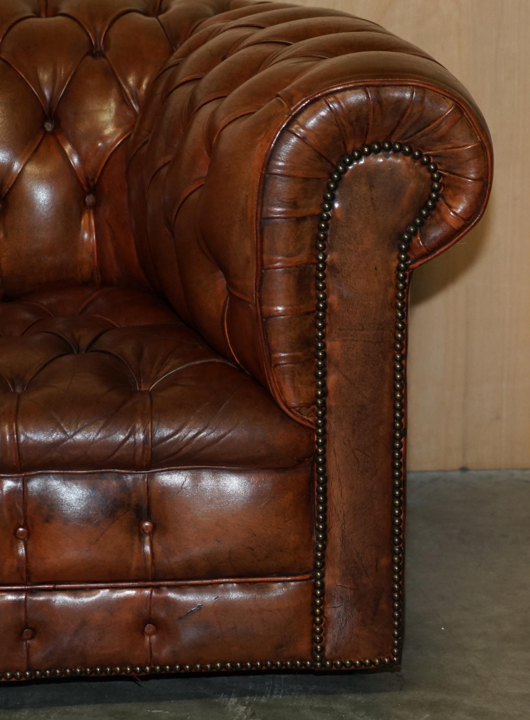 Chesterfield FULLY COIL SPRUNG VINTAGE 1920's HAND DYED BROWN LEATHER CHESTERFIELD CLUB SOFA For Sale