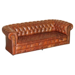 FULLY COIL SPRUNG VINTAGE 1920's HAND DYED BROWN LEATHER CHESTERFIELD CLUB SOFA