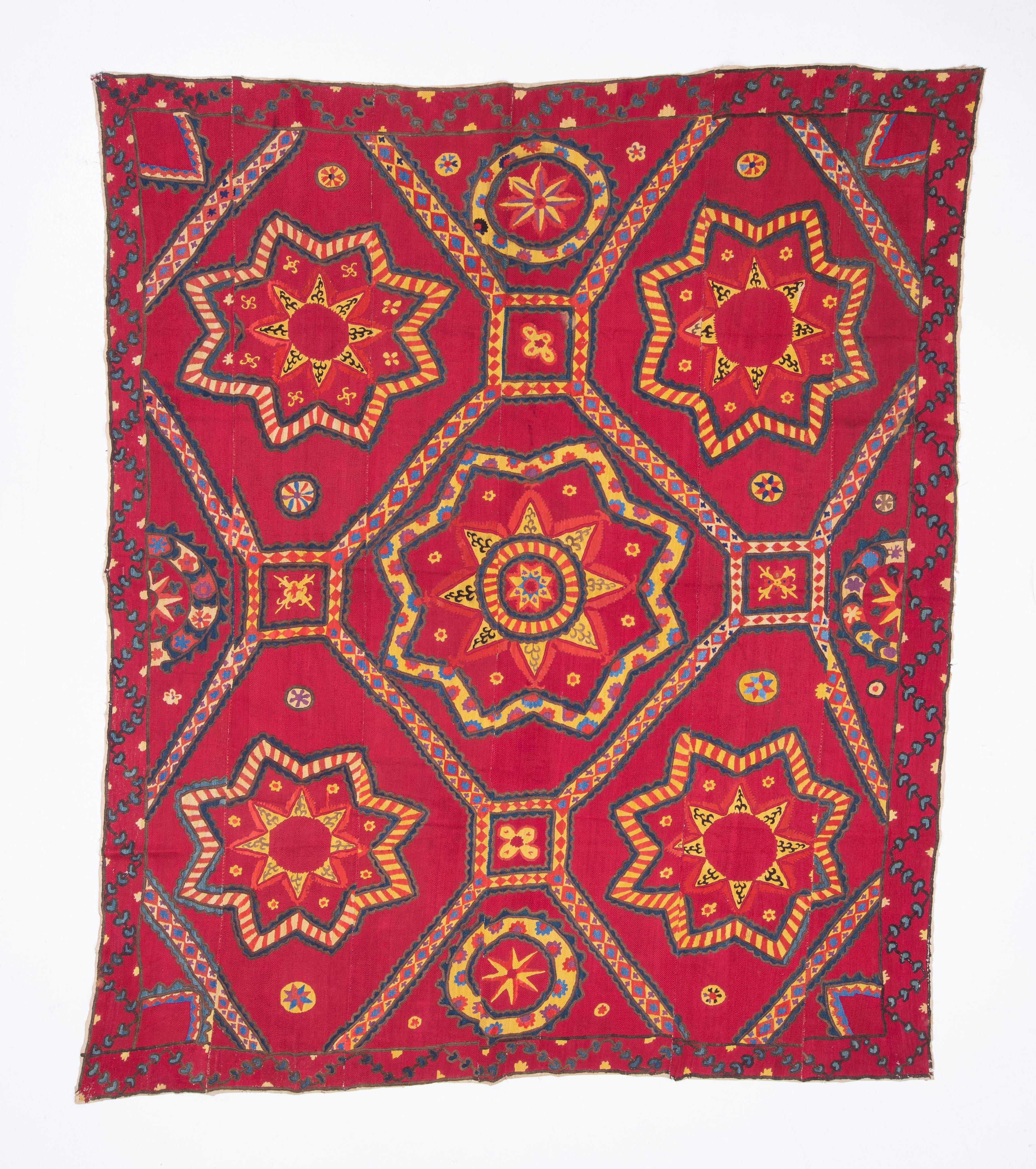 Suzanis from the regions of Tashkent and Pishkent have some astral names such az ‘moon sky’,
‘star sky ‘. The main characteristic of these suzanis is that of their being fully embroidered in silk and sometimes in wool in sections.
Ground cloth is