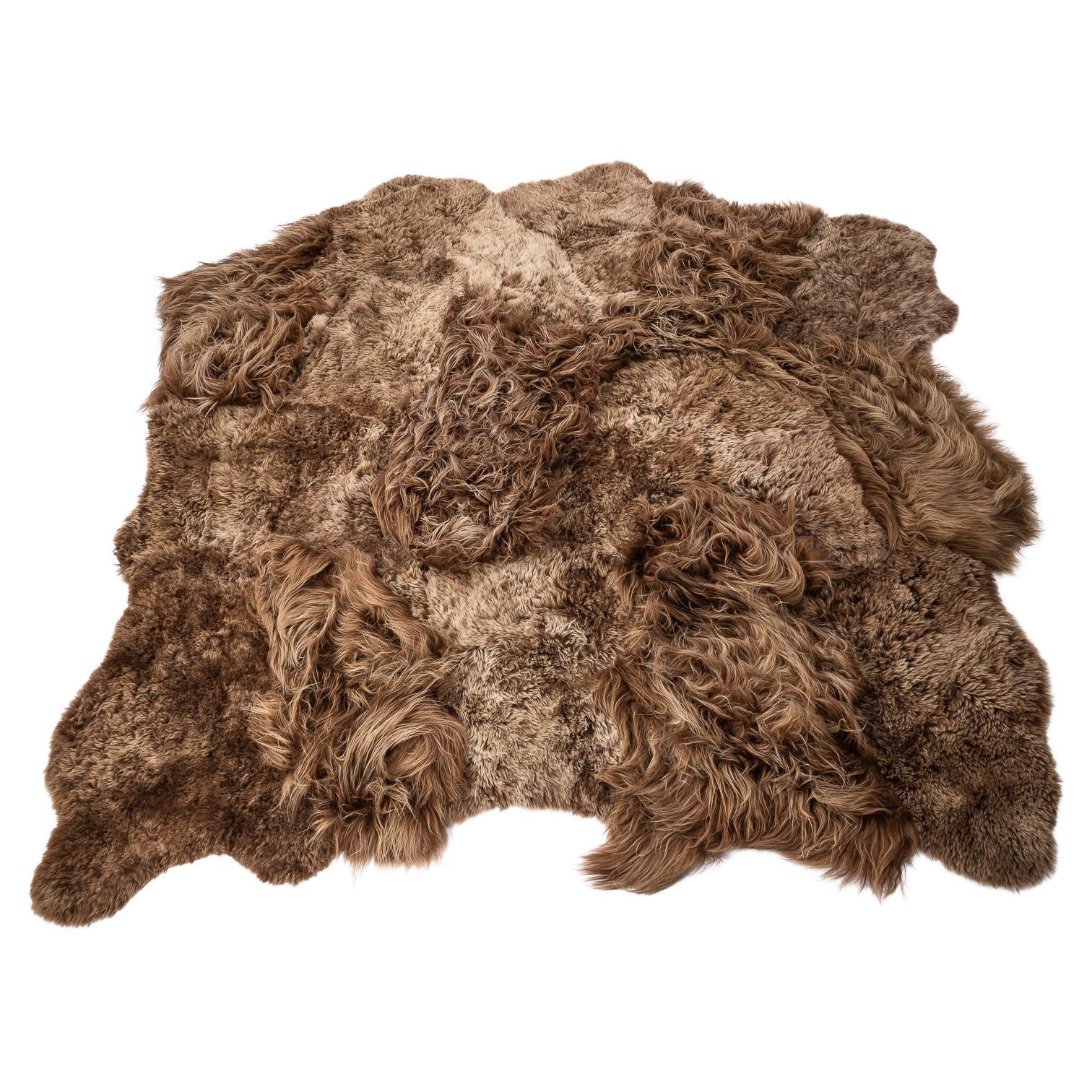 Fully Lined Sheepskin and Lambskin Brown Rug, Khan, Handmade in France For Sale