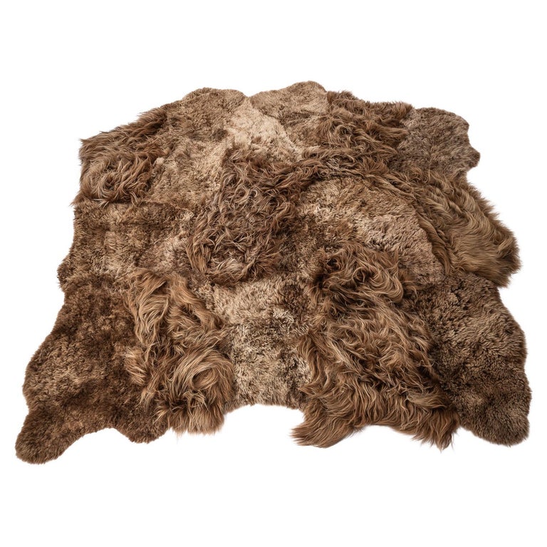 Fully Lined Sheepskin and Lambskin Brown Rug, Khan, Handmade in France
