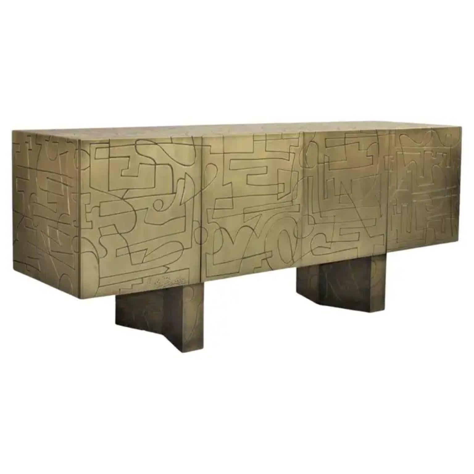 Fully Plated in Acid-Etched Brass 4D Cabinet by Brutalist Be
One Of A Kind.
Dimensions: D 55 x W 200 x H 70 cm.
Materials: Brass.

This exclusive sideboard is hand-made of brass, carefully selected and then shaped by Felix de Boussy to make a