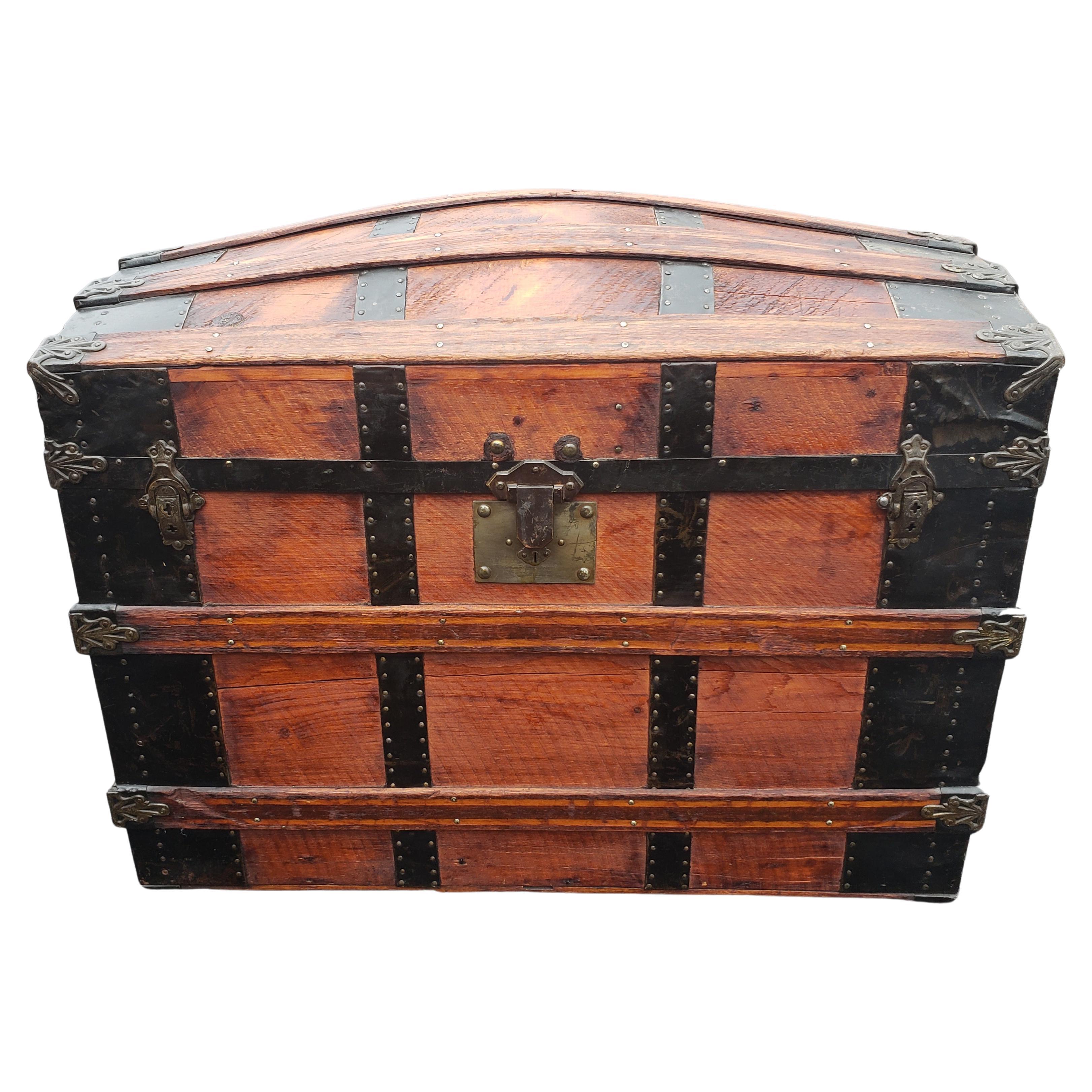 Late 19th Century (1880s) Restored Antique Dome Top Trunk For Sale! Unique Features Include Polished Silvery Hardware Contrasting Beautifully Against the Beautiful Grain of the Natural Pine Wood Body and Red Oak Wood Slats. Features Polished Silvery