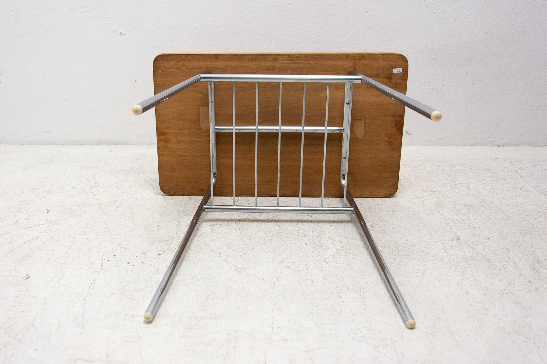 Fully Renovated Chrome and Wood Side Table, 1950s, Czechoslovakia For Sale 4