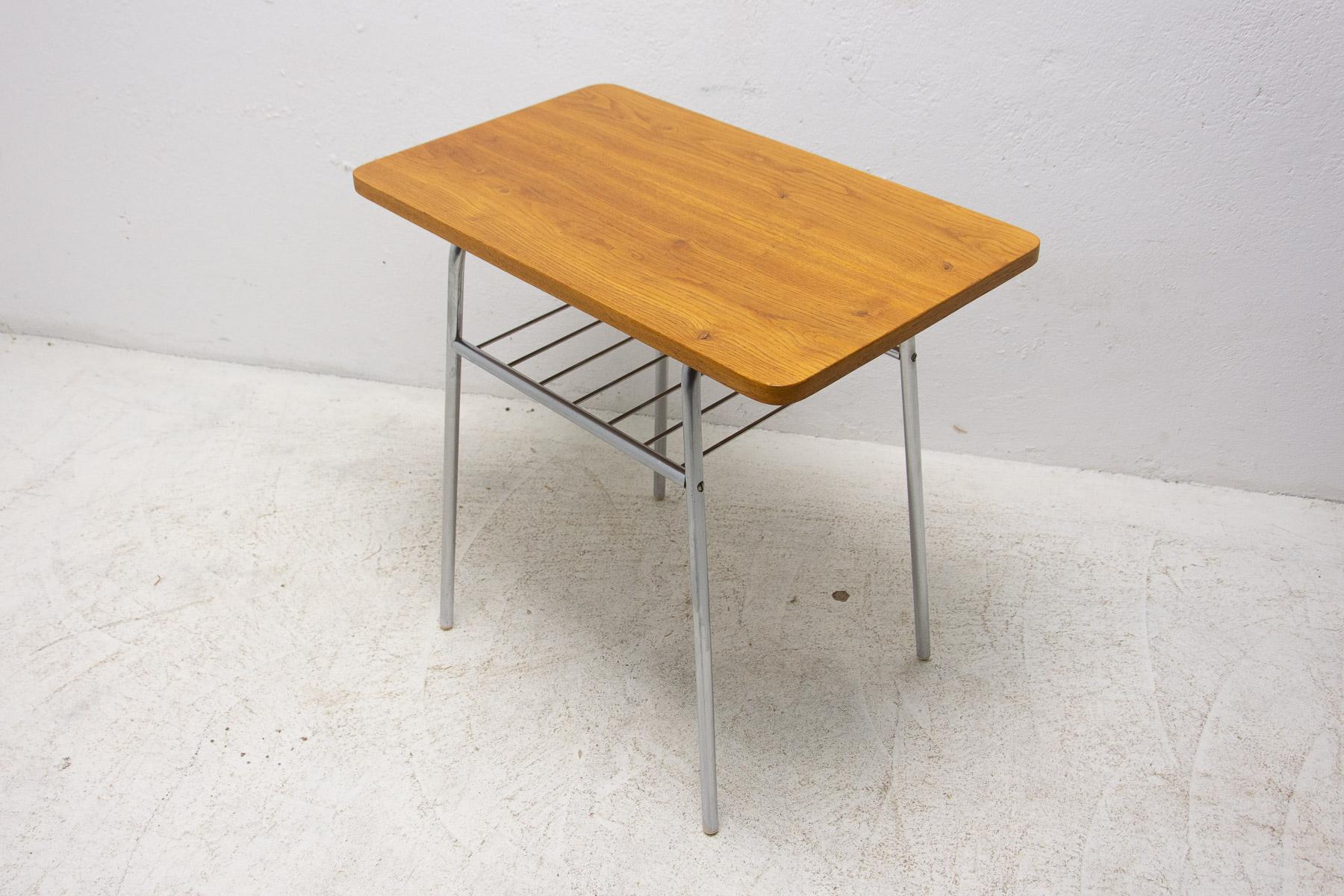 Plated Fully Renovated Chrome and Wood Side Table, 1950s, Czechoslovakia For Sale