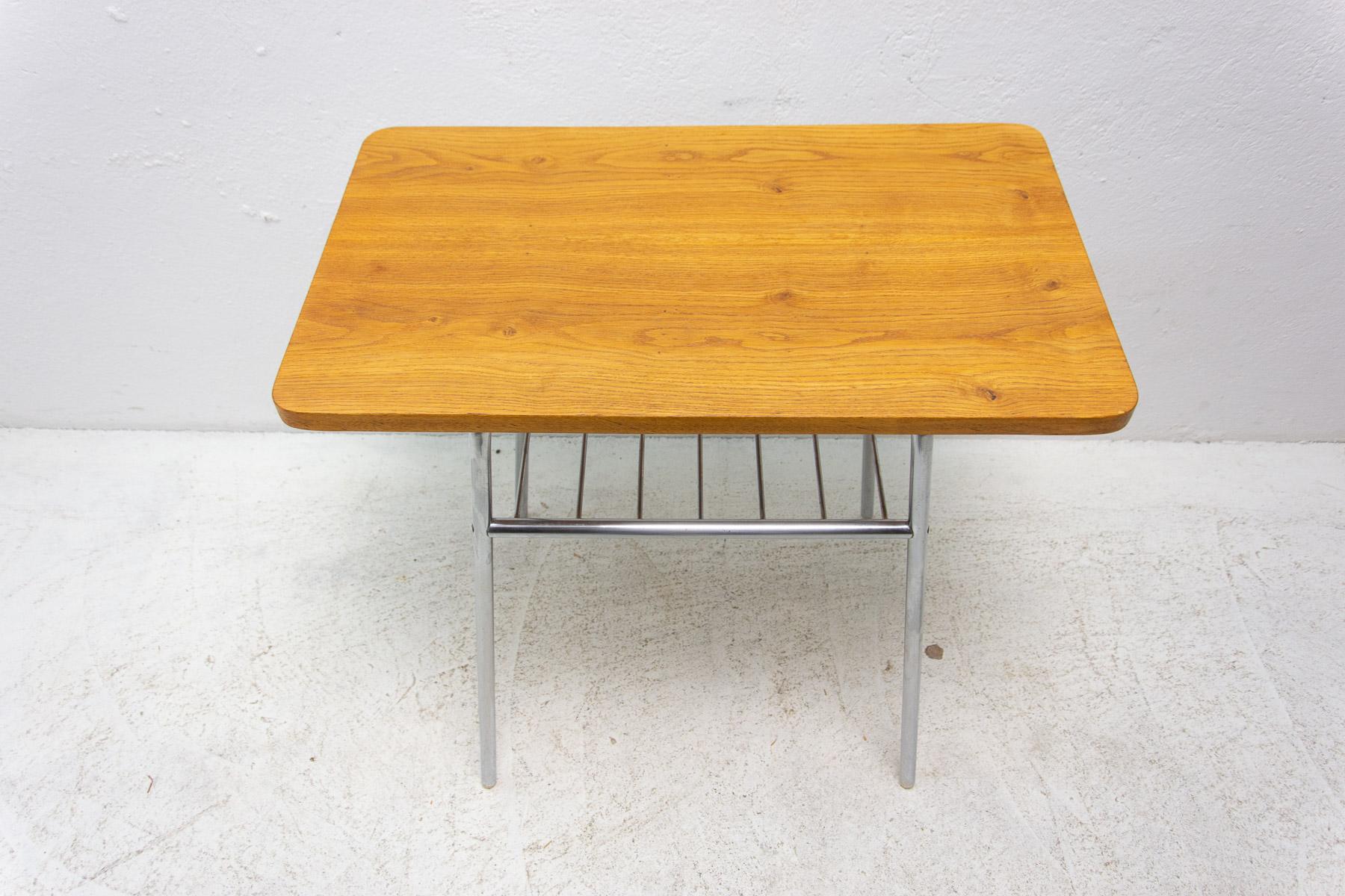 Metal Fully Renovated Chrome and Wood Side Table, 1950s, Czechoslovakia For Sale