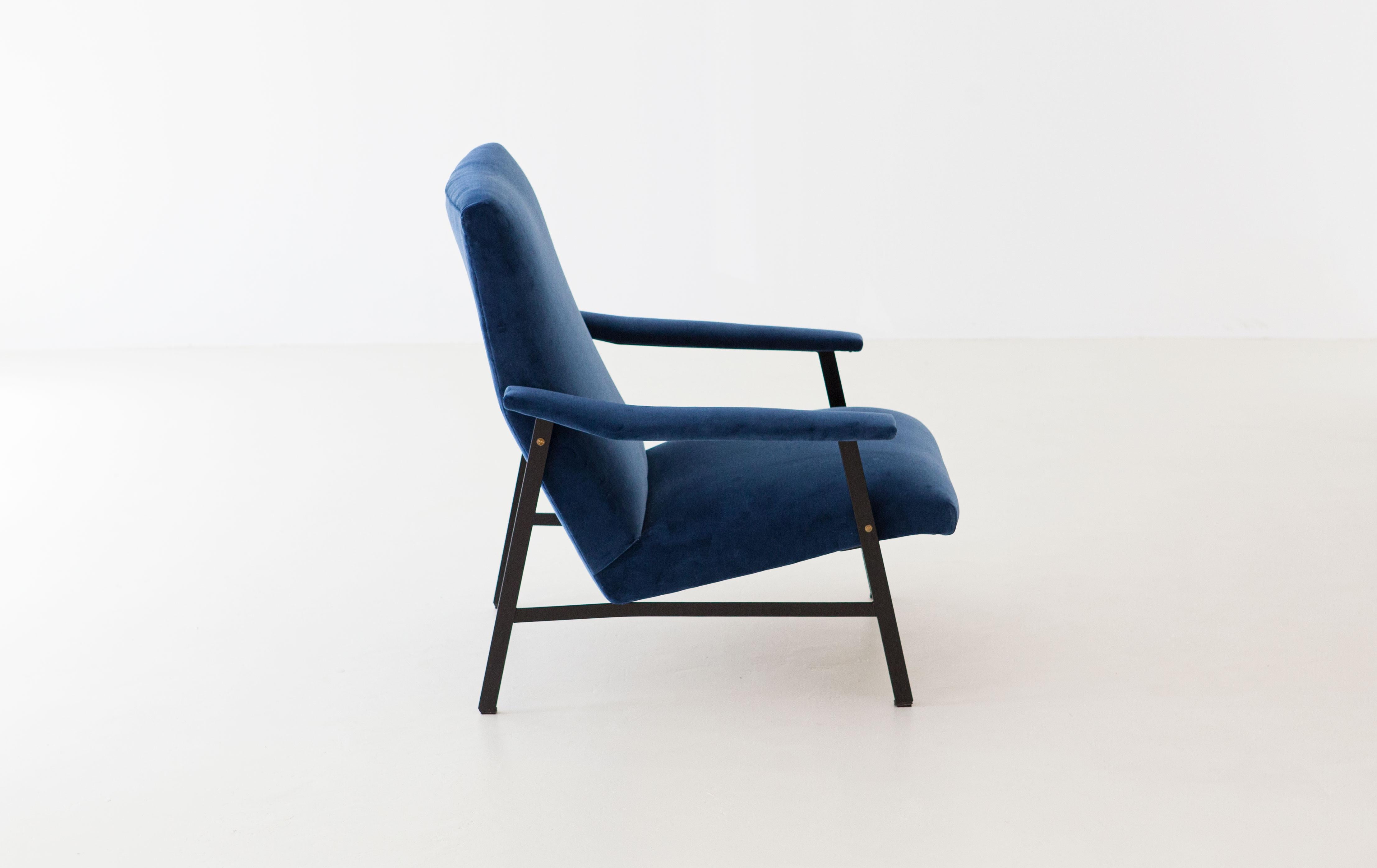 Fully Restored 1950s Italian Blue Velvet and Black Iron Armchair 4