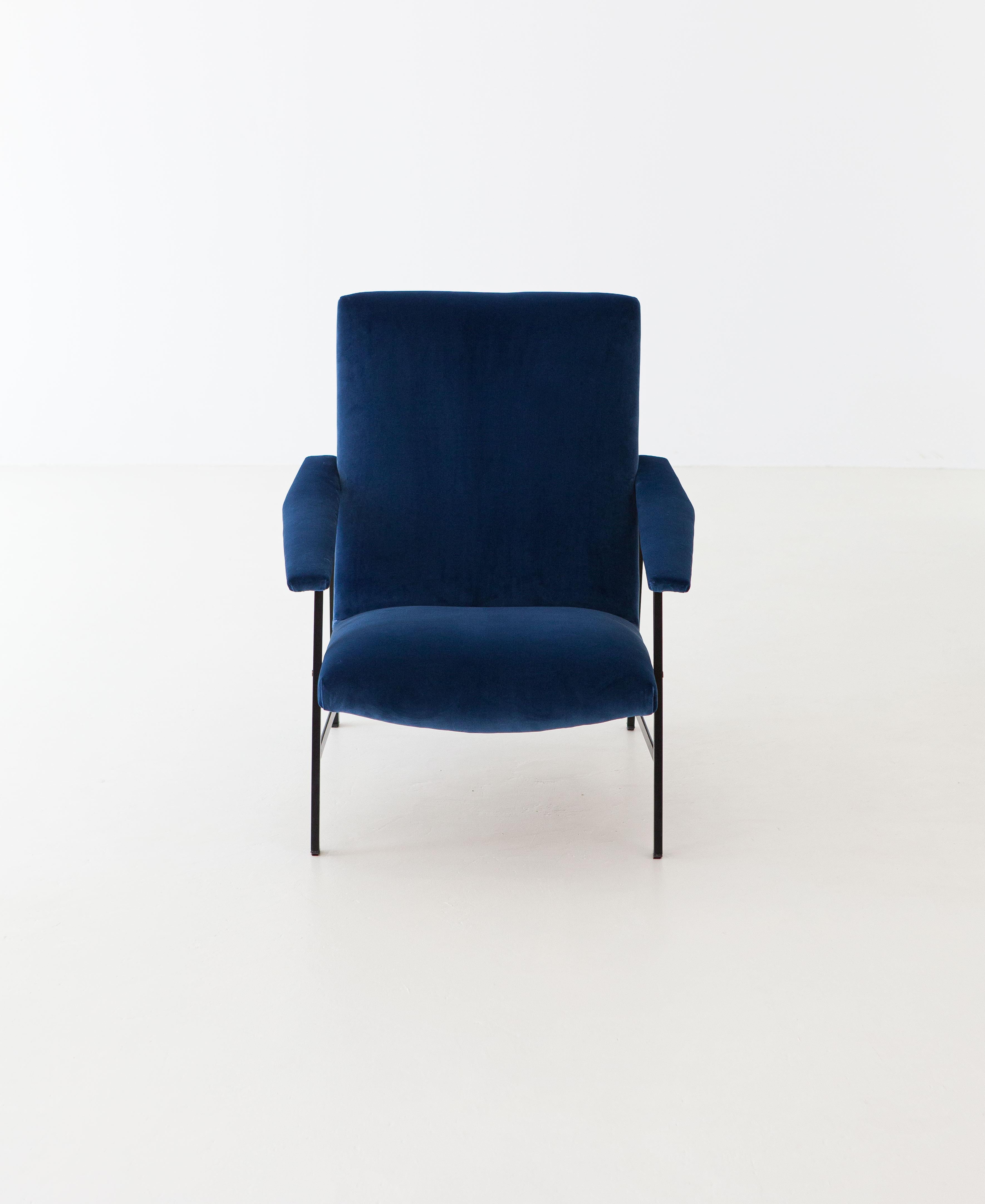 Mid-Century Modern Fully Restored 1950s Italian Blue Velvet and Black Iron Armchair