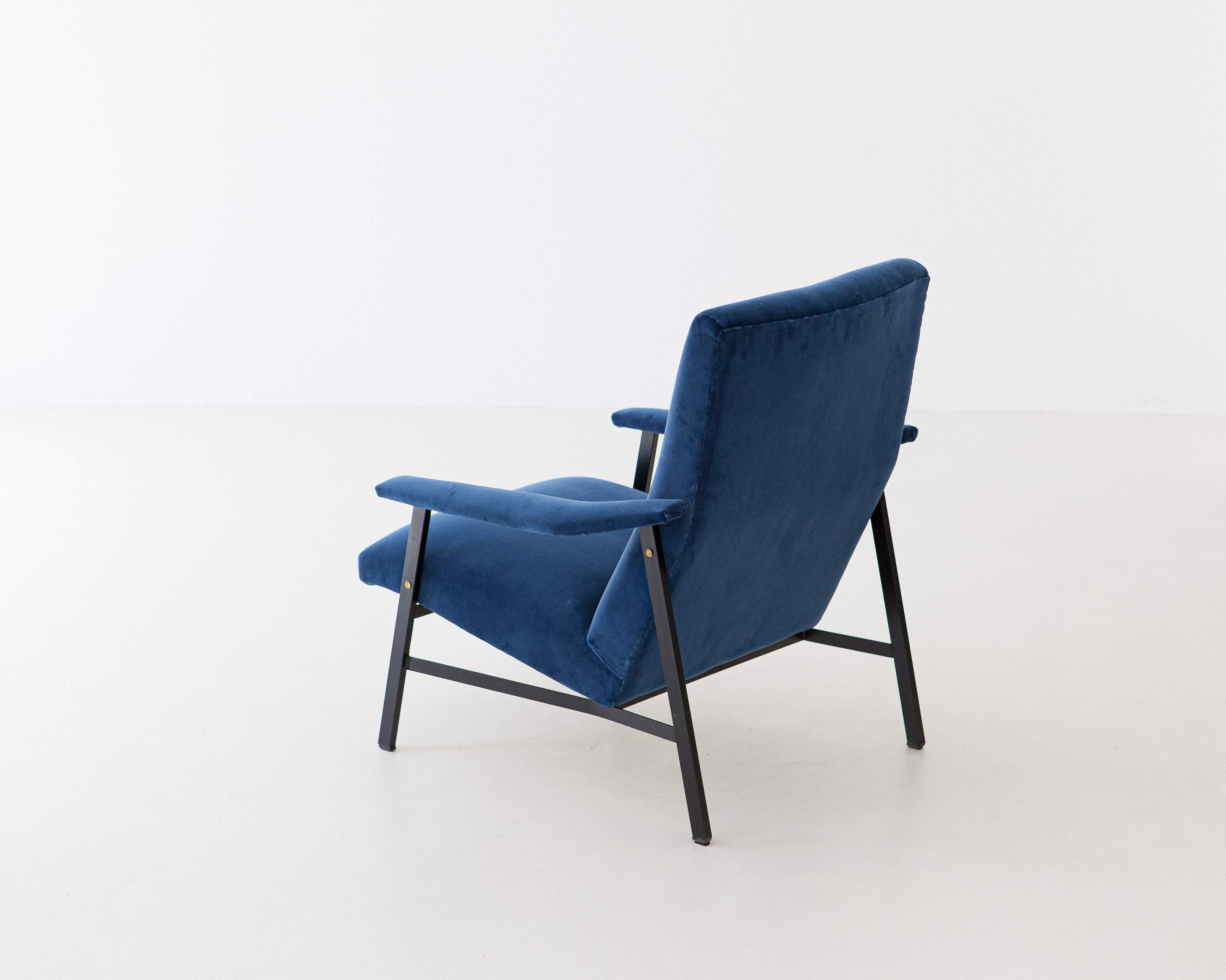 Mid-20th Century Fully Restored 1950s Italian Blue Velvet and Black Iron Armchair