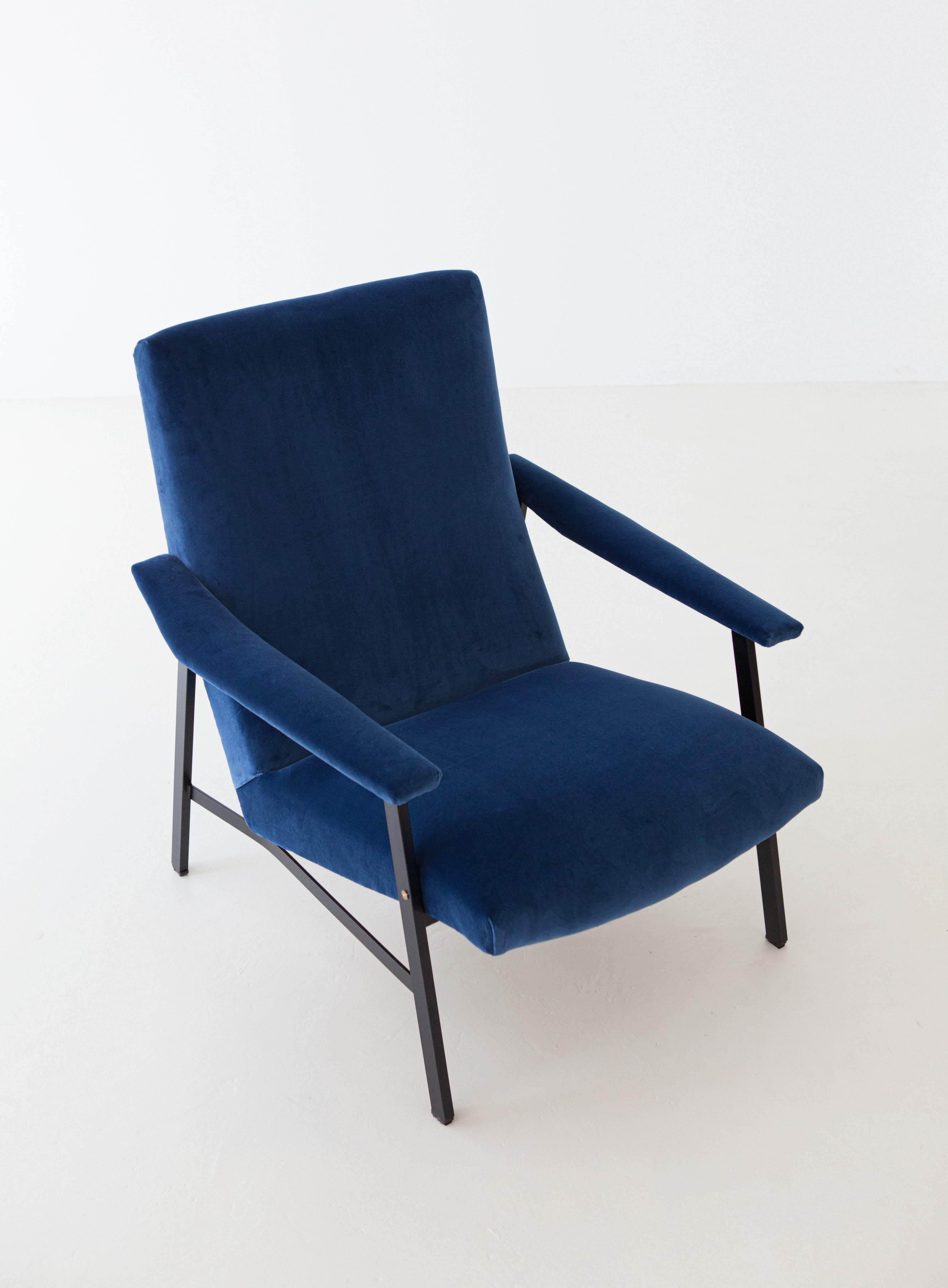 Mid-20th Century Fully Restored 1950s Italian Blue Velvet and Black Iron Armchair